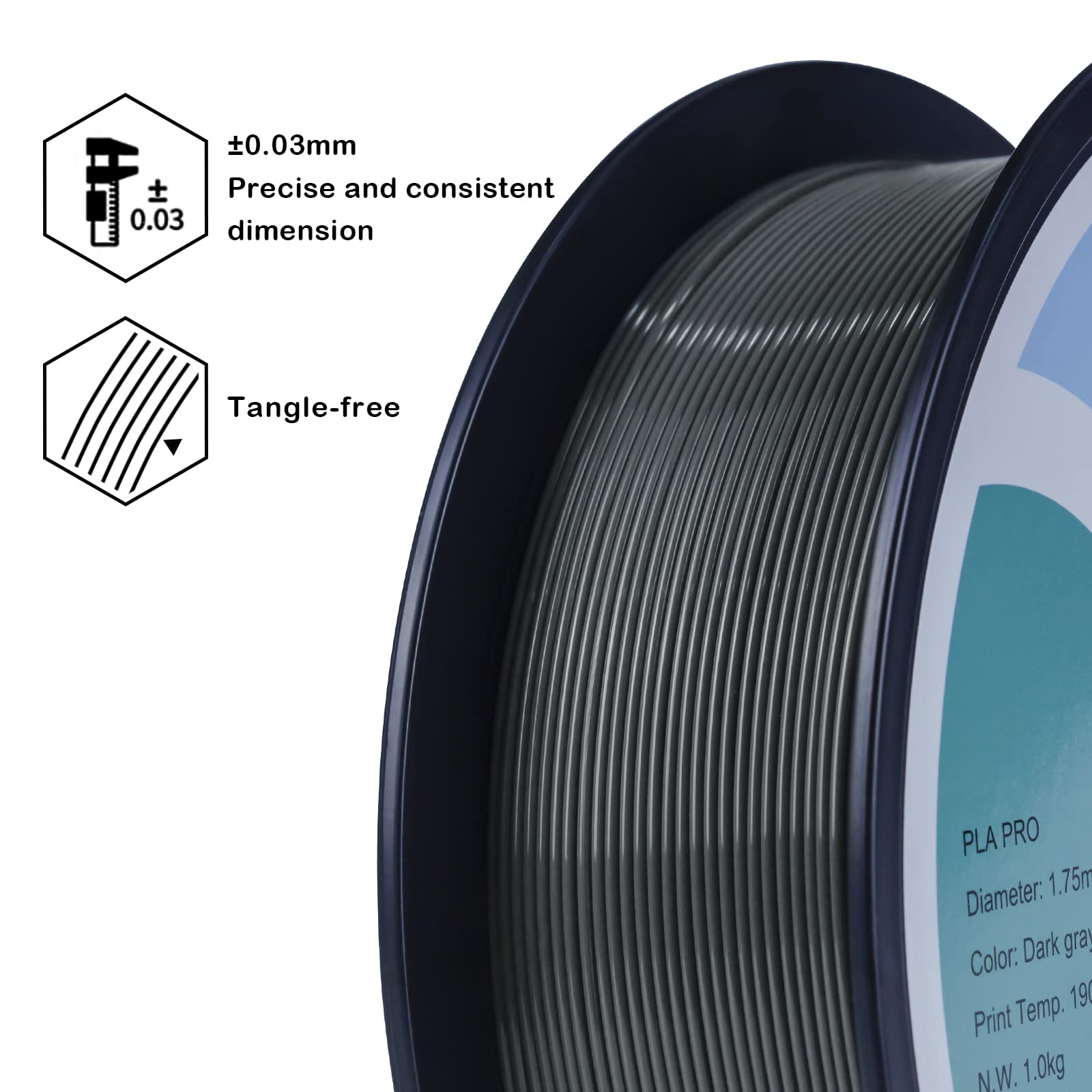 Ziro Pla Filament 175Mm,3D Printer Filament Pla Pro Basic Color Series 175Mm 1Kg(22Lbs), Dimensional Accuracy +  003Mm,Dark Gray