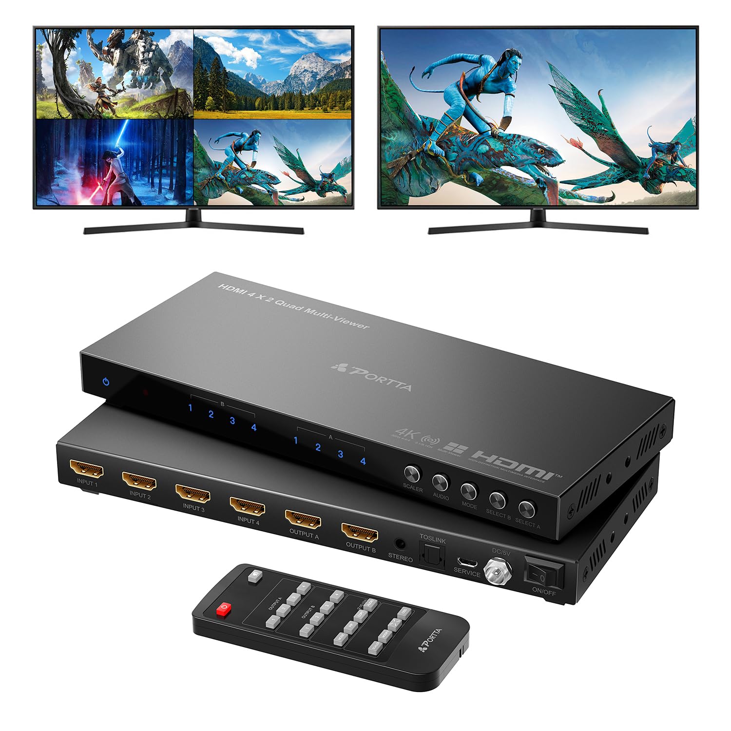 4K HDMI Multiviewer Switch 4x2 with PIP, PORTTA Quad Multi Viewer Seamless Switcher 4 in 2 Out with Toslink, 3.5mm Audio Output 