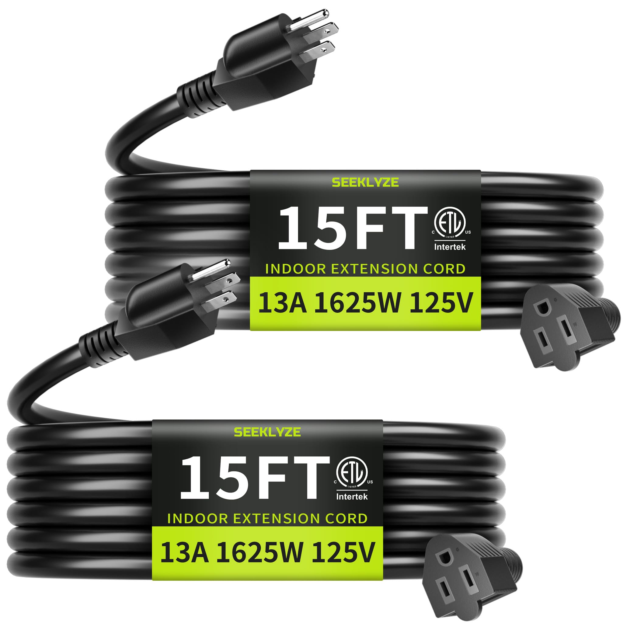 16/3 Black 15 Ft (2Pack) Extension Cord, Indoor Extension Cord For Laptops, Coffee Makers, Office Home Appliances, 3 Prong Resis