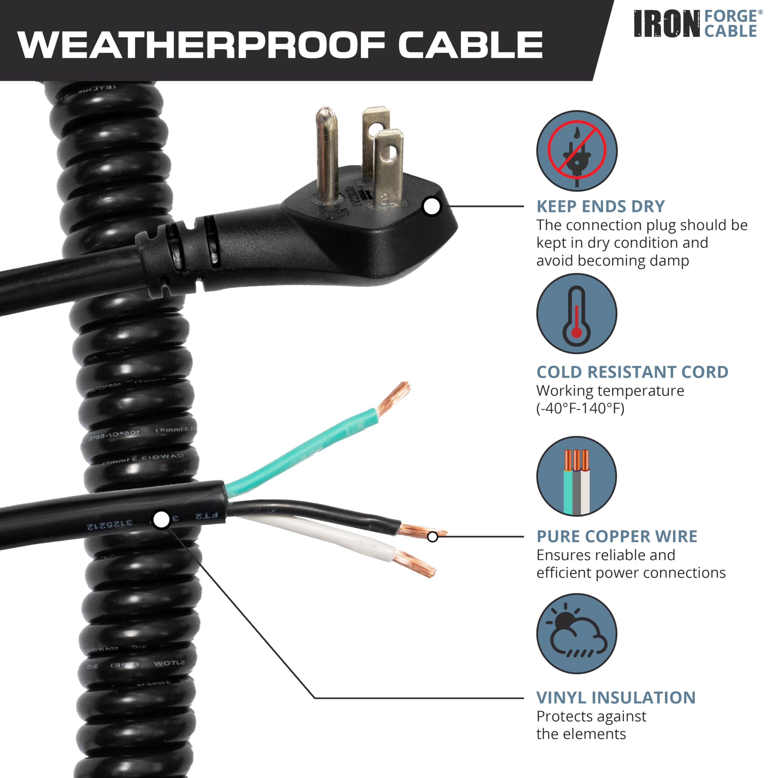 Iron Forge Cable Coiled Extension Cord Replacement 15 Ft   12 Gauge 15 Amp Heavy Duty Power Extension Cords   Sjeow Oil Resistan