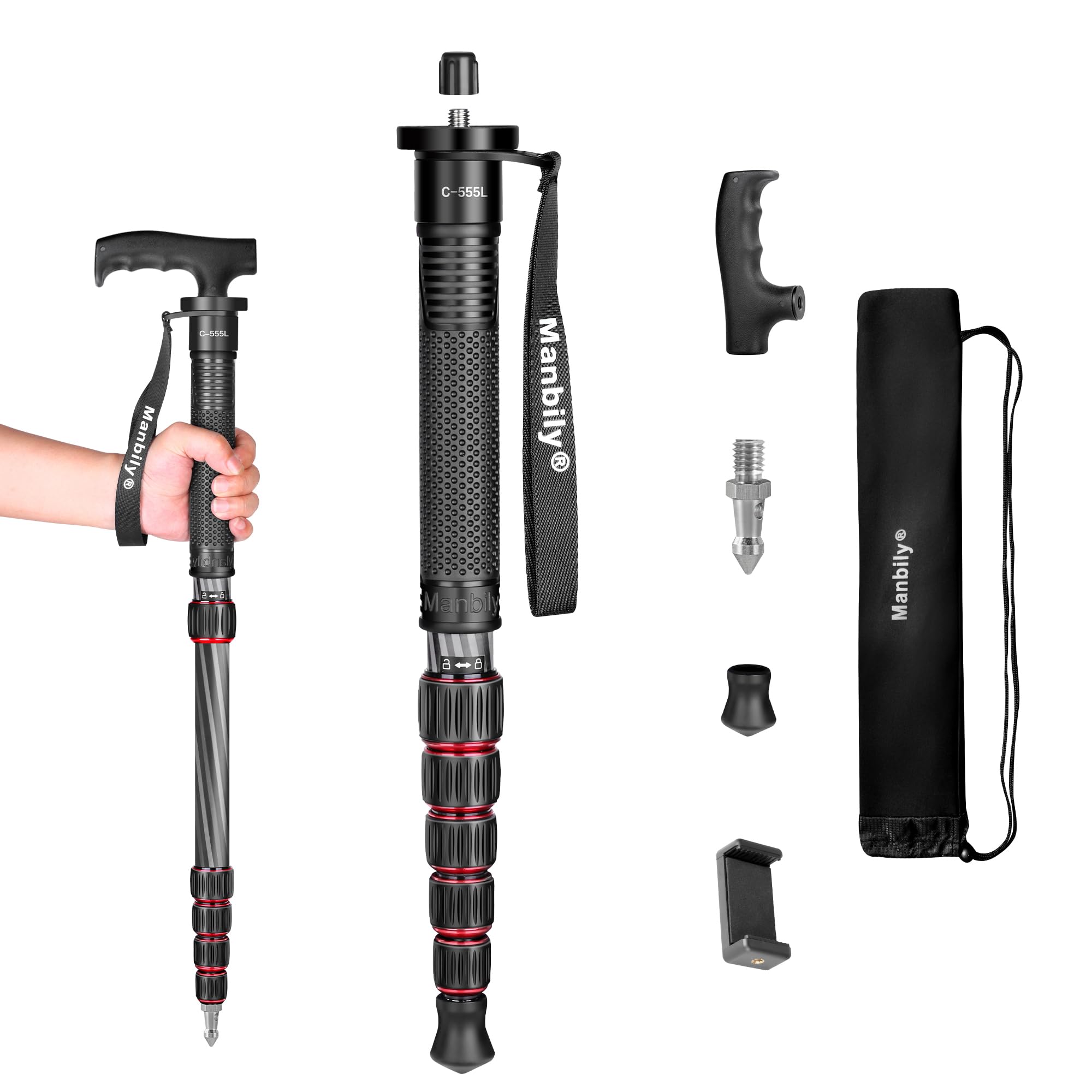 Monopod For Camera, Manbily Camera Monopod Carbon Fiber Portable Compact Lightweight Travel Monopod With Walking Stick Handle For Dslr Canon Nikon Sony Video Camcorder (Carbon Fiber, Red&Black)