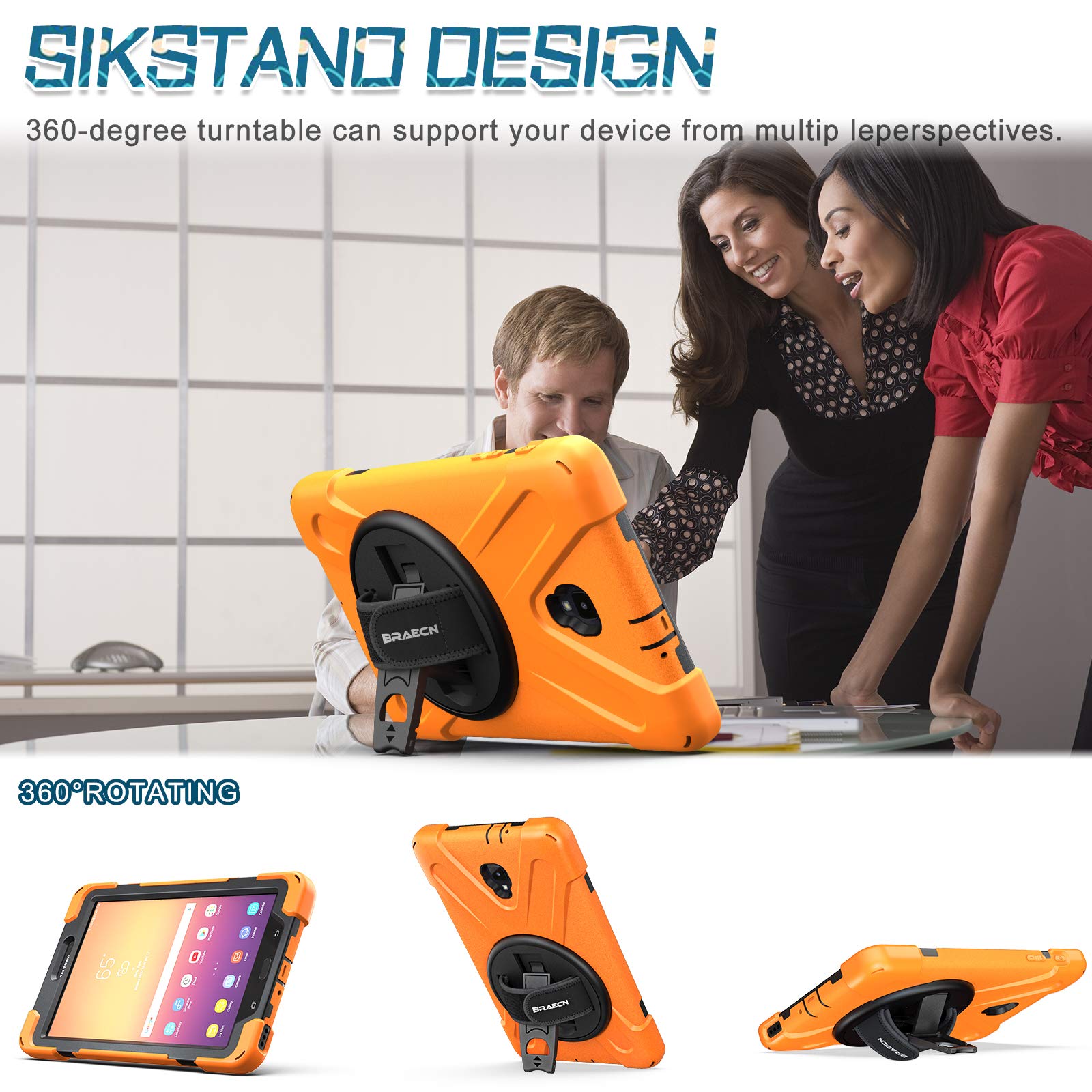 Braecnstock For Samsung Galaxy Tab A 8.0 (Sm-T380/T385) Heavy Duty Shockproof Case With 360 Rotating Kickstand & Hand Strap Shou