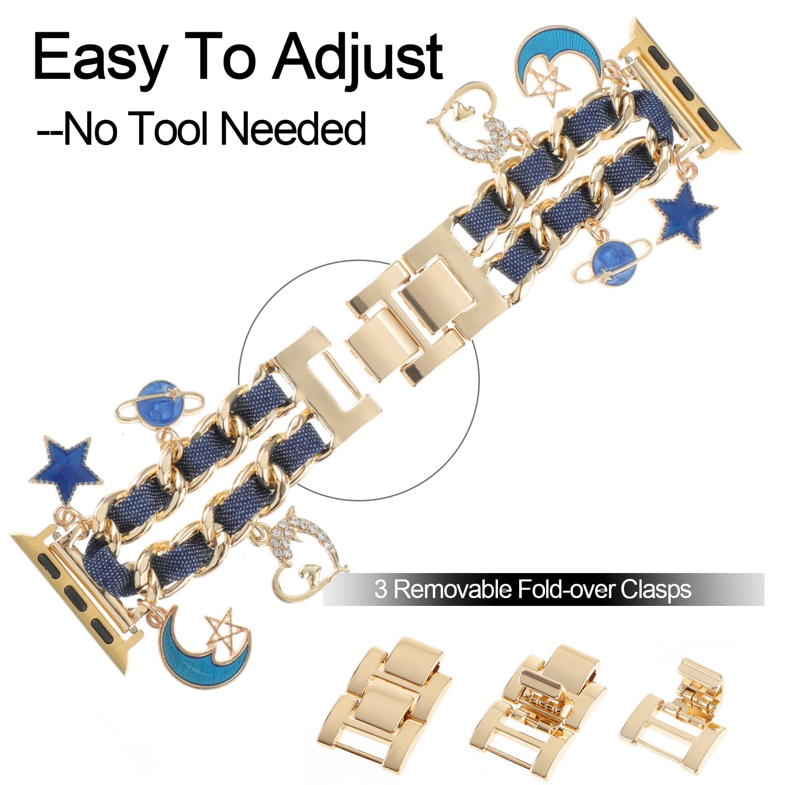 Realsign Stylish Metal Wristband Compatible With Apple Watch Band 42 44 45 46 49Mm,Cuban Chain With Blue Jean Bracelet Star Moon