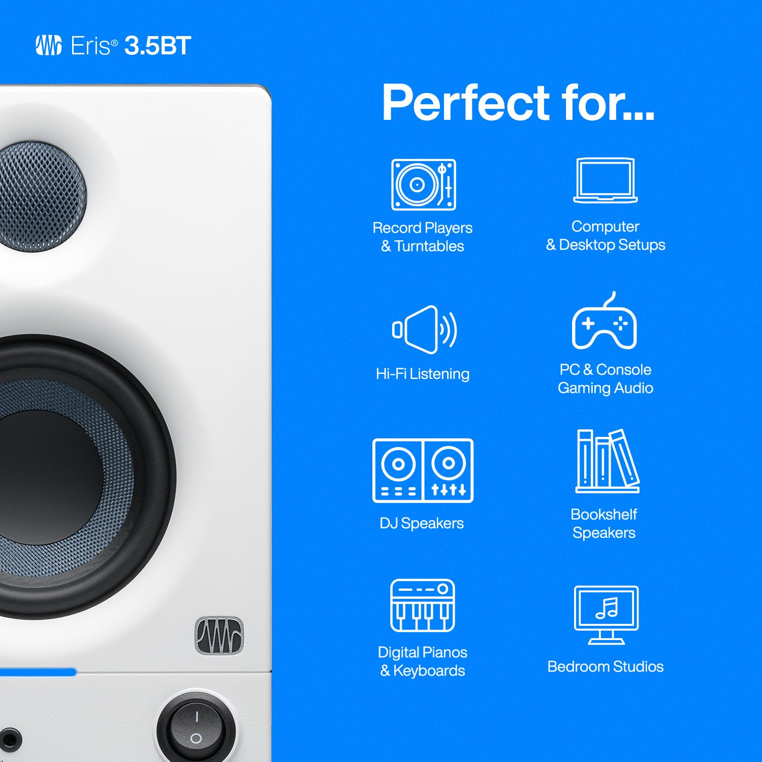 Presonus Eris 3.5Bt Bluetooth Studio Monitors (White), Pair   Powered, Active Monitor Speakers For Desktop, Turntable, Record Pl