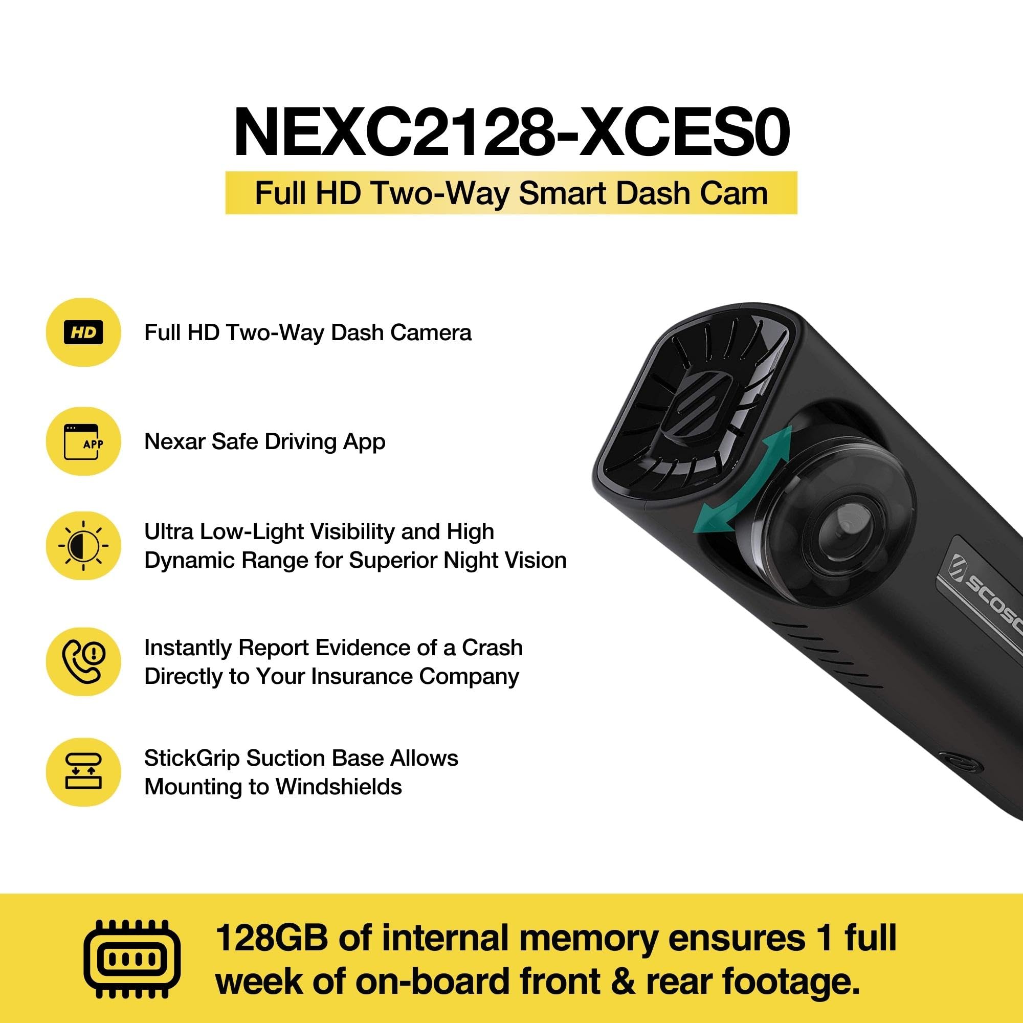 Scosche NEXC2128 XCES0 Full HD Two Way Smart Dash Cam Powered by Nexar with Suction Cup and 128GB Memory