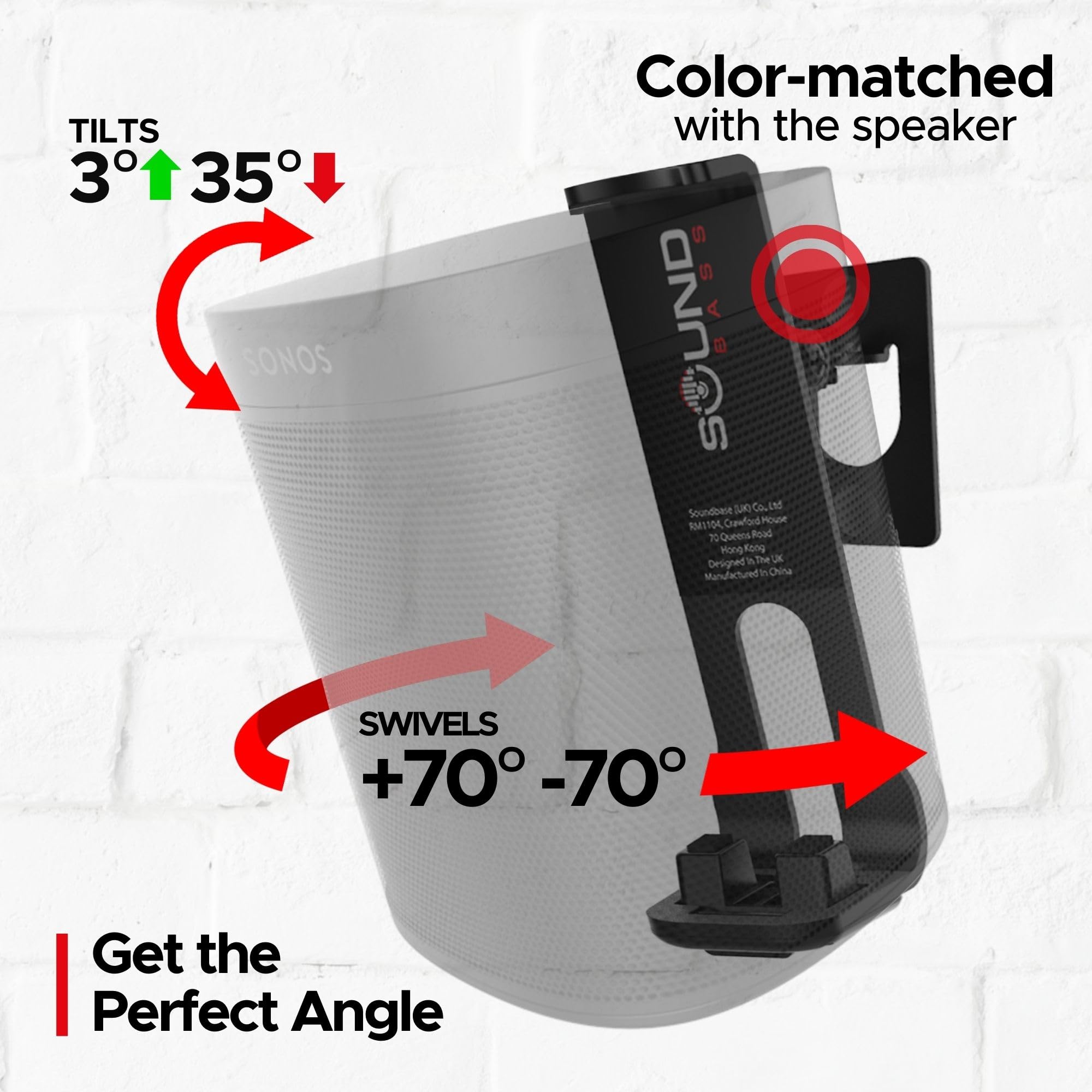 Sound Bass One, One Gen 2, One Sl, Play:1 Wall Mount Bracket, Black, Single, Compatible With Sonos One, One Gen 2, One Sl & Play