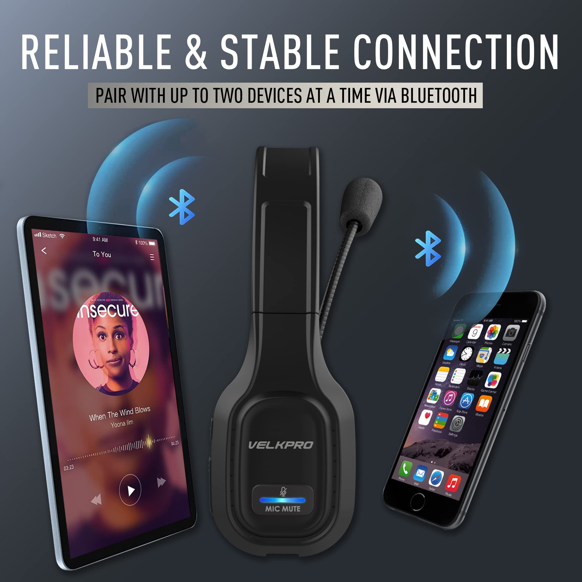 VELKPRO Wireless Headset - Single-Ear Noise-Isolating Microphone, Black, Model VPO-WH, Ideal for Call Centers and Home Office