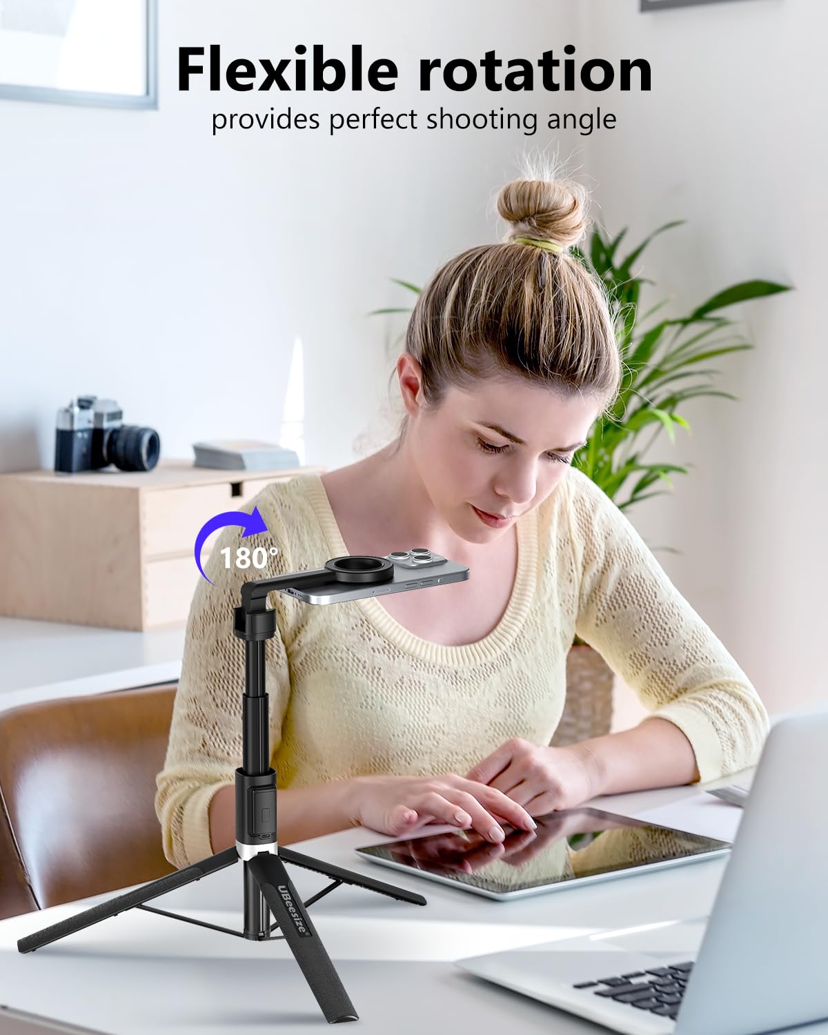 UBeesize Magnetic Tripod for iPhone, 64" Extendable, Aluminum, Black, Model UB-HKXB101BK-01, Portable Selfie Stick for Vlogging