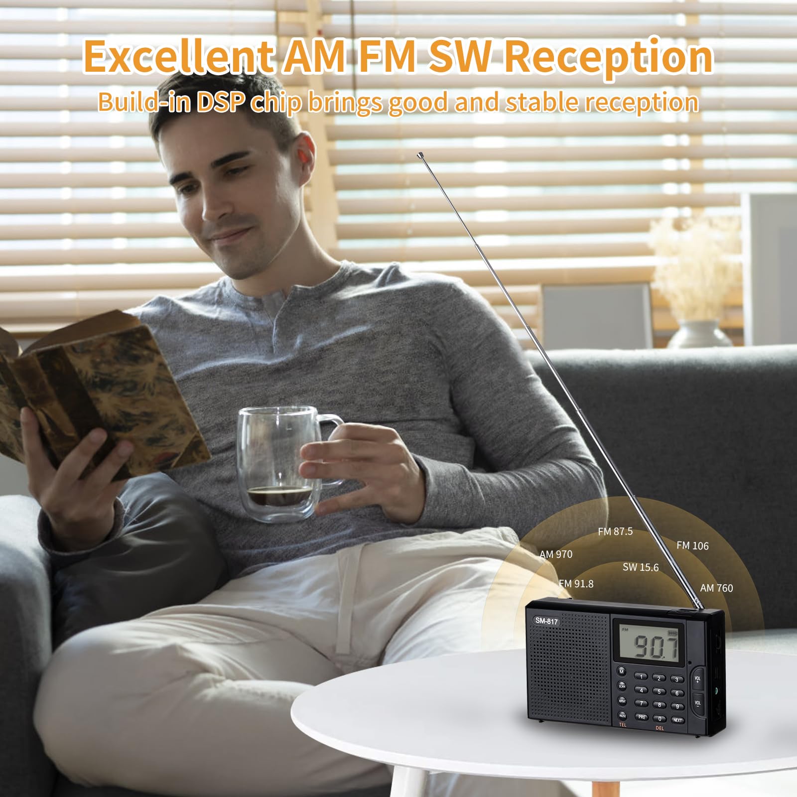 Semier Portable Am Fm Sw Bluetooth Radio With 1200Mah Rechargeable Battery, Small Shortwave Radio Digital Tuning, Lcd Display, Support Usb And Micro Sd Card, Build In Bass Speaker And Earphone Jack