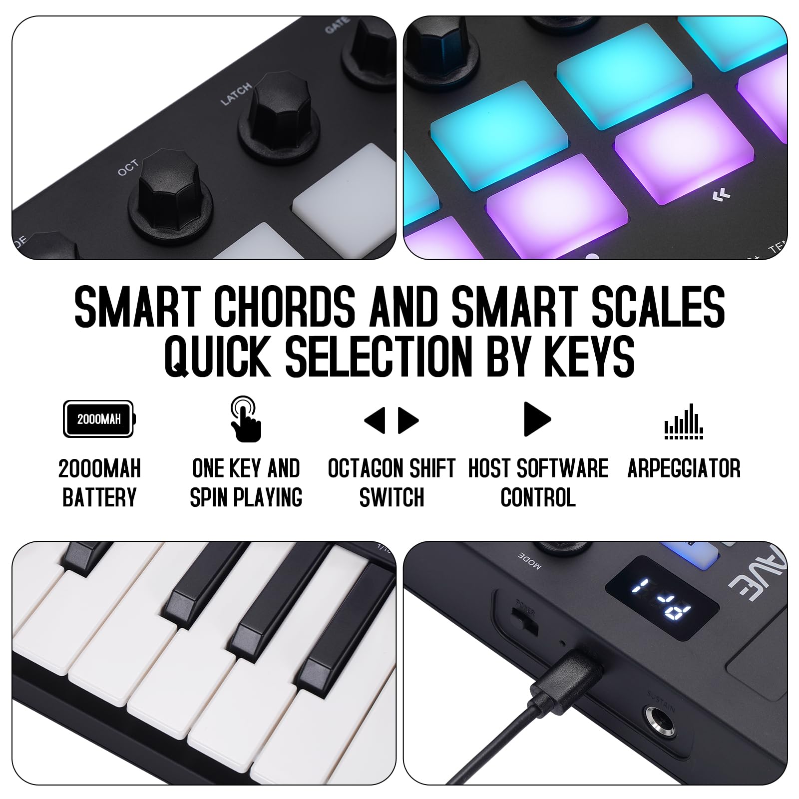M Wave 25 Key Usb Midi Keyboard Controller With 16 Backlit Drum Pads, Bluetooth Semi Weighted Professional Dynamic Keybed 8 Knob