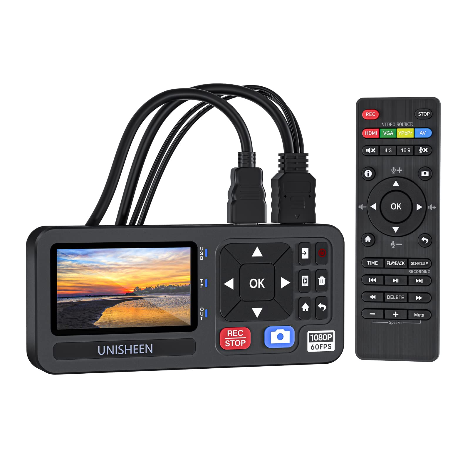 UNISHEEN HD Video Capture Box 1080P 60FPS Video to Digital Converter with 3 Screen, 4K HDMI/CVBS/VGA/YPBPR Inputs Video Recorder