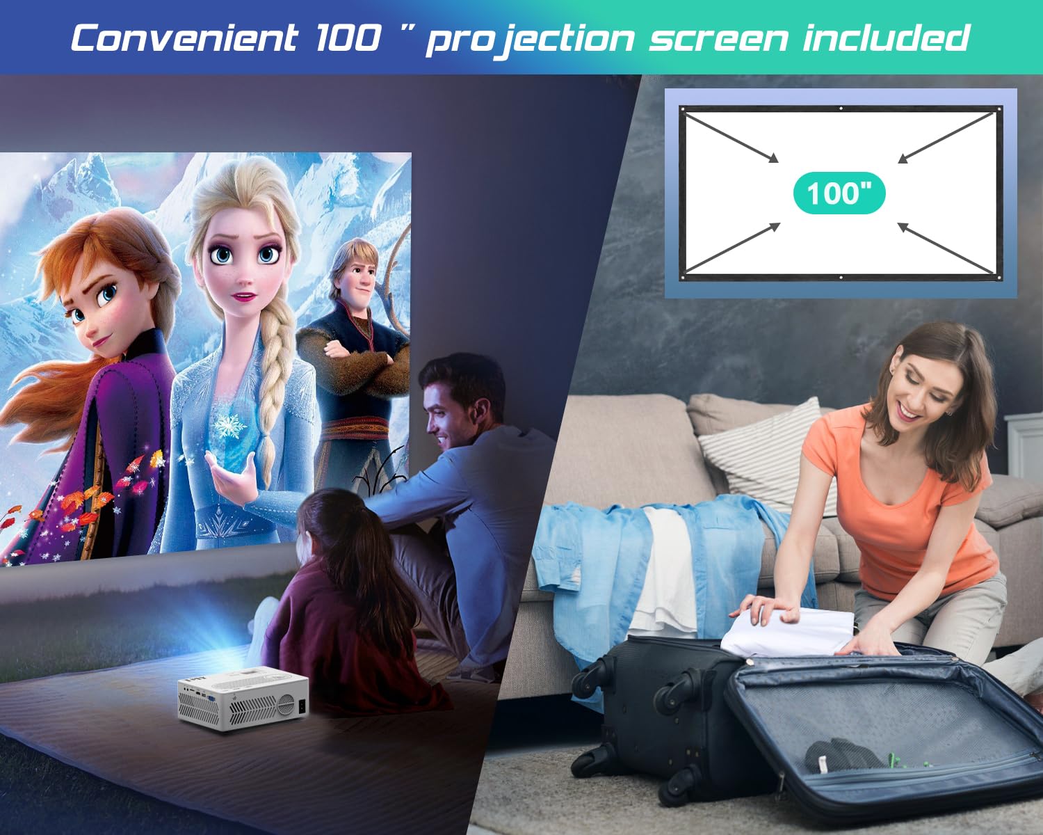 Tmy Projector With Wifi And Bluetooth?100' Screen Included?Native 1080P Outdoor Projector, 4K Supported Portable Projector, Compatible With Ios/Android/Pc/Tv Stick/Hdmi/Usb, Indoor Outdoor Use