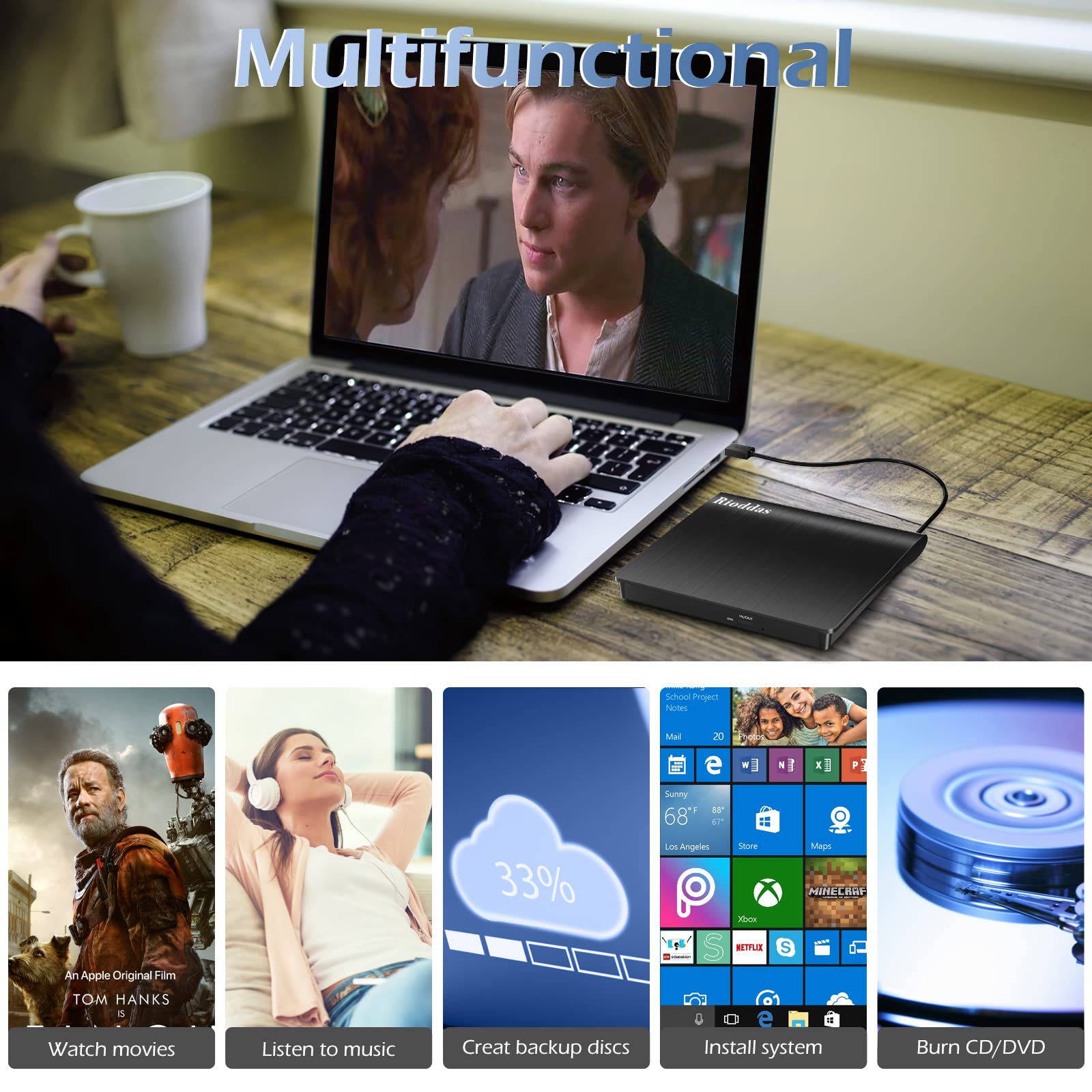 External Cd/Dvd Drive For Laptop Usb 3.0 Portable Cd Dvd +/ Rw Burner Dvd/Cd Player Or Rom Reader Rewriter Writer Disk Drive Com