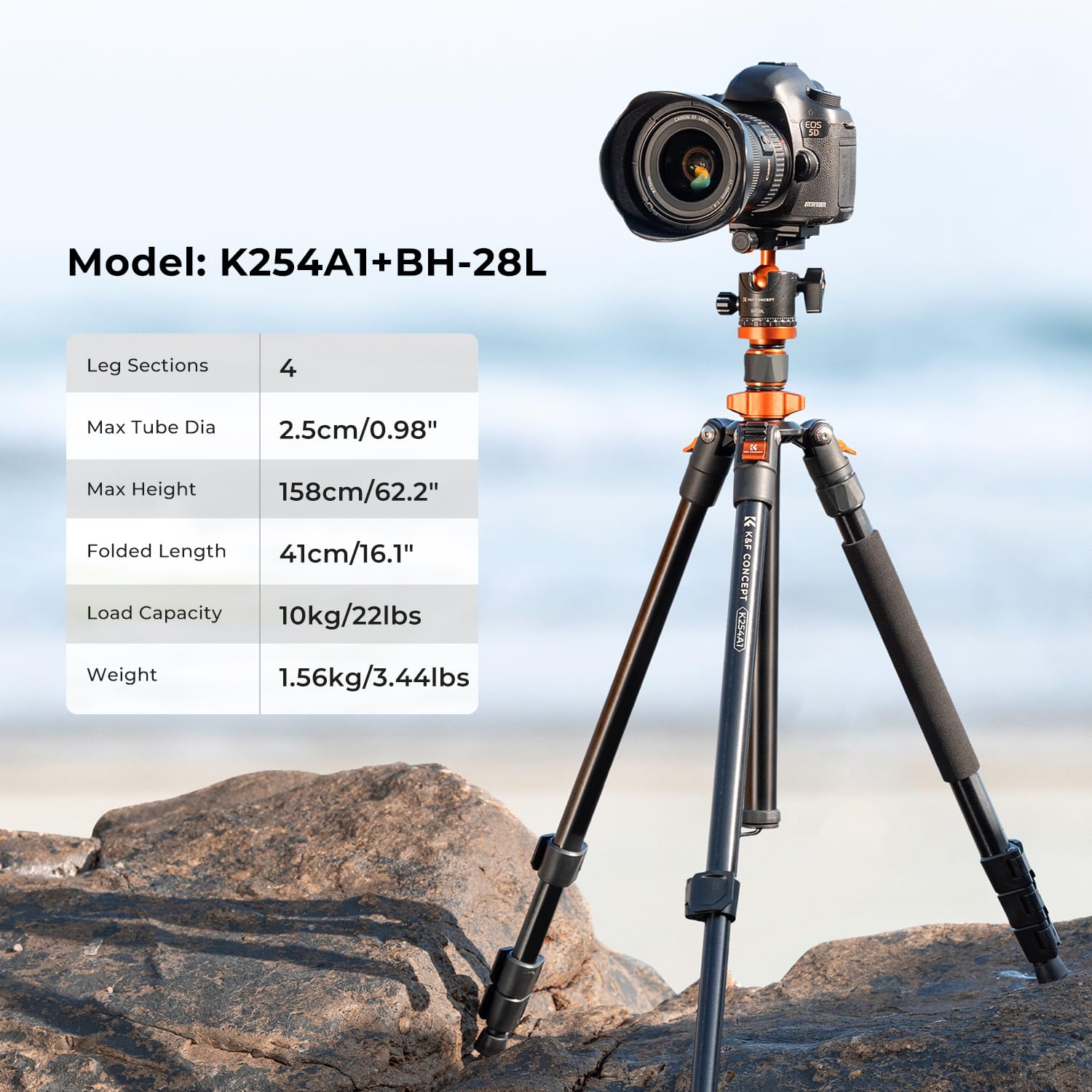 K&F Concept 62 Lightweight Aluminum Tripod with Detachable Monopod & 360° Ball Head - Black and Orange, Model K254A1+BH-28L