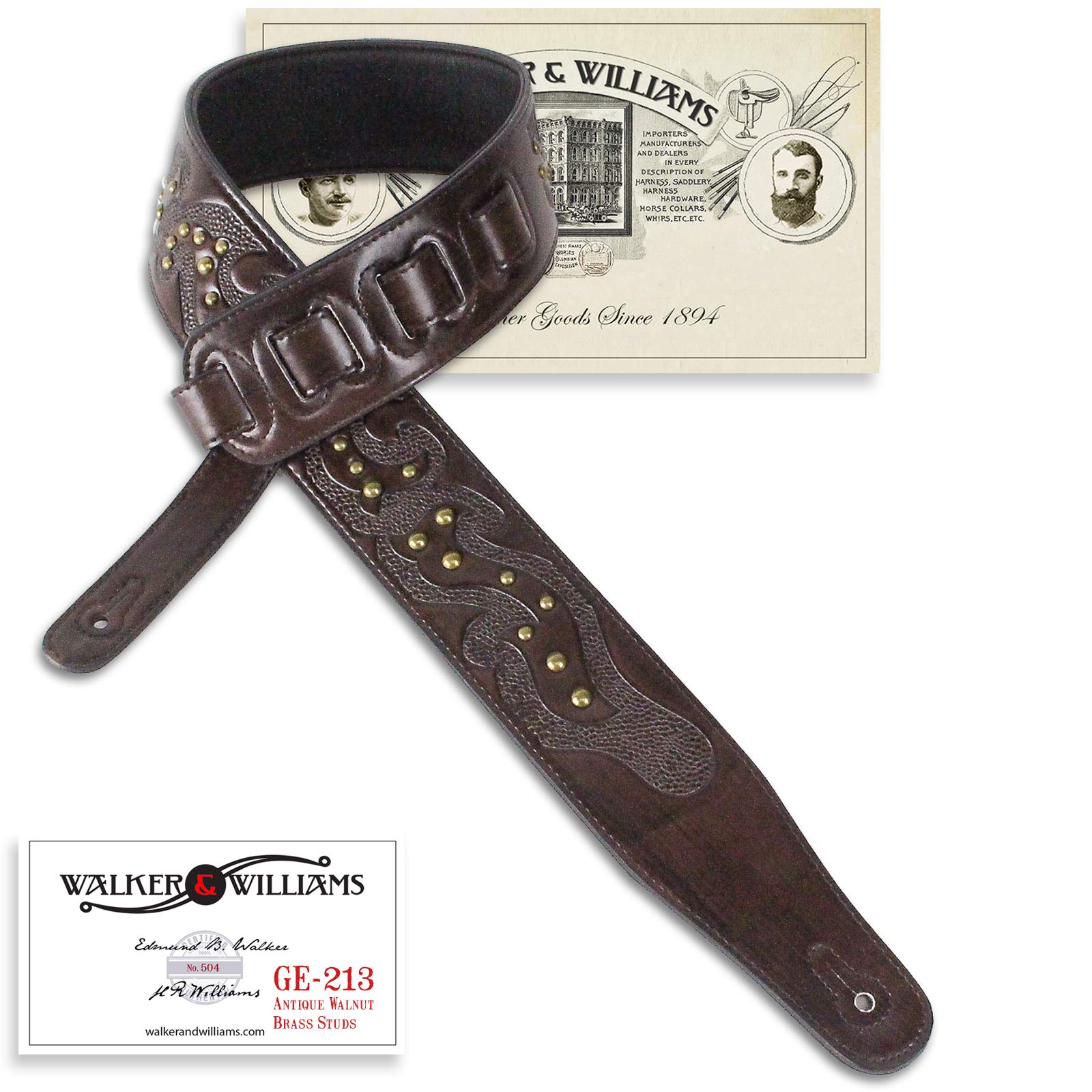 Walker & Williams Ge 213 Walnut Brown Guitar Strap With Celtic Tooling & Nailhead Studs For Acoustic, Electric, And Bass Guitars