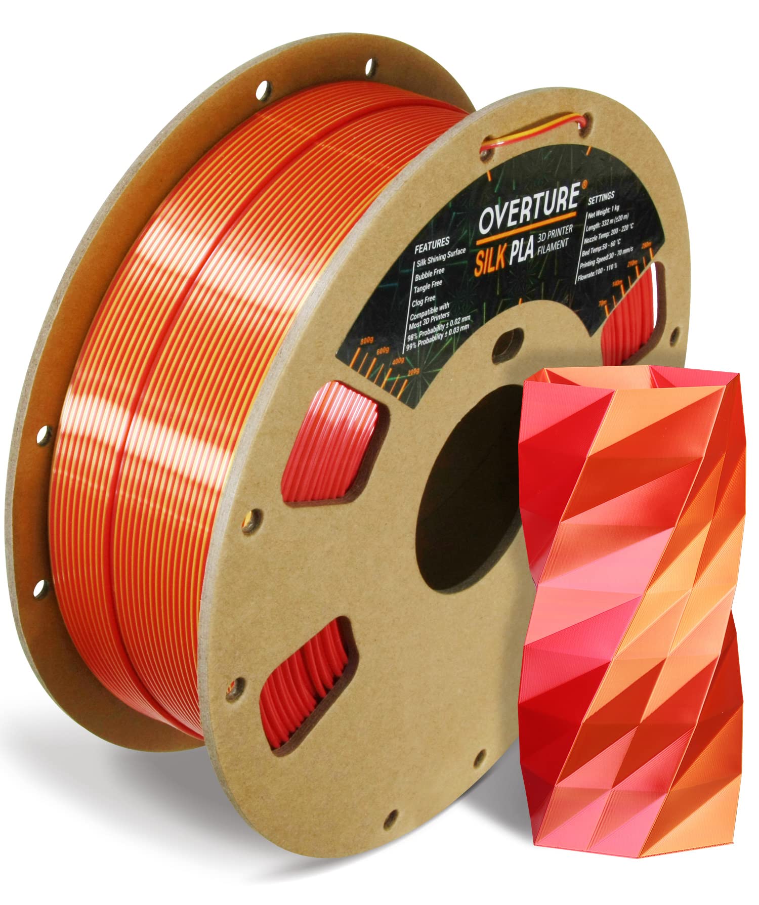 Overture Silk Pla 1.75Mm Dual Color Filament, Clog Free Shiny 3D Printer Filament, 1Kg Spool(2.2Lbs), Dimensional Accuracy +/  0