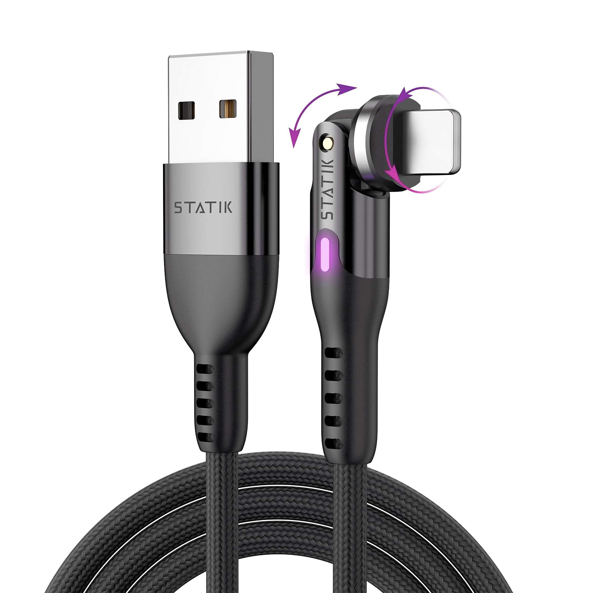 Statik Powerpivot 12W Usb To Iphone Compatible Charging Cable   Right Angle Cable With 360 Degree Rotating Head, 90 Degree Swive