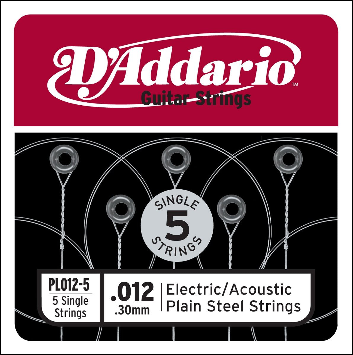D'Addario Pl012 5 Plain Steel Guitar Single String, 012 5 Pack