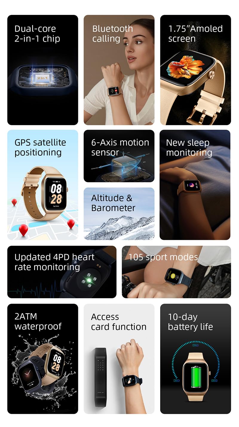 Mibro T2 Smart Watch For Android Iphone, 2Atm Waterproof Gps Satellite Positioning Fitness Tracker With 1.75    Screen,10-Day Ba