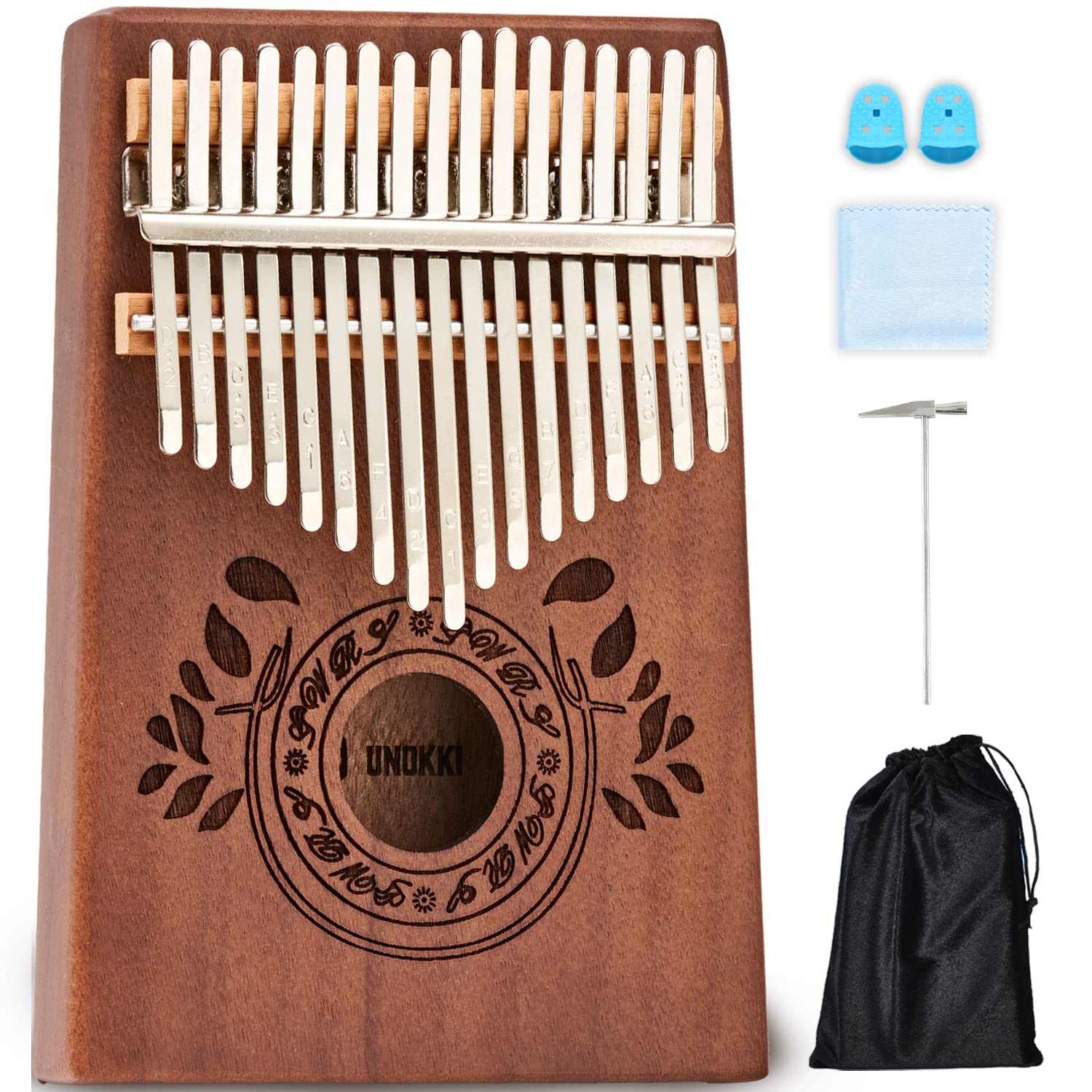 Unokki Kalimba 17 Key Thumb Piano  Premium, Lightweight & Durable Mahogany Mbira   Chocolate Brown  Reduce Stress & Promote Well