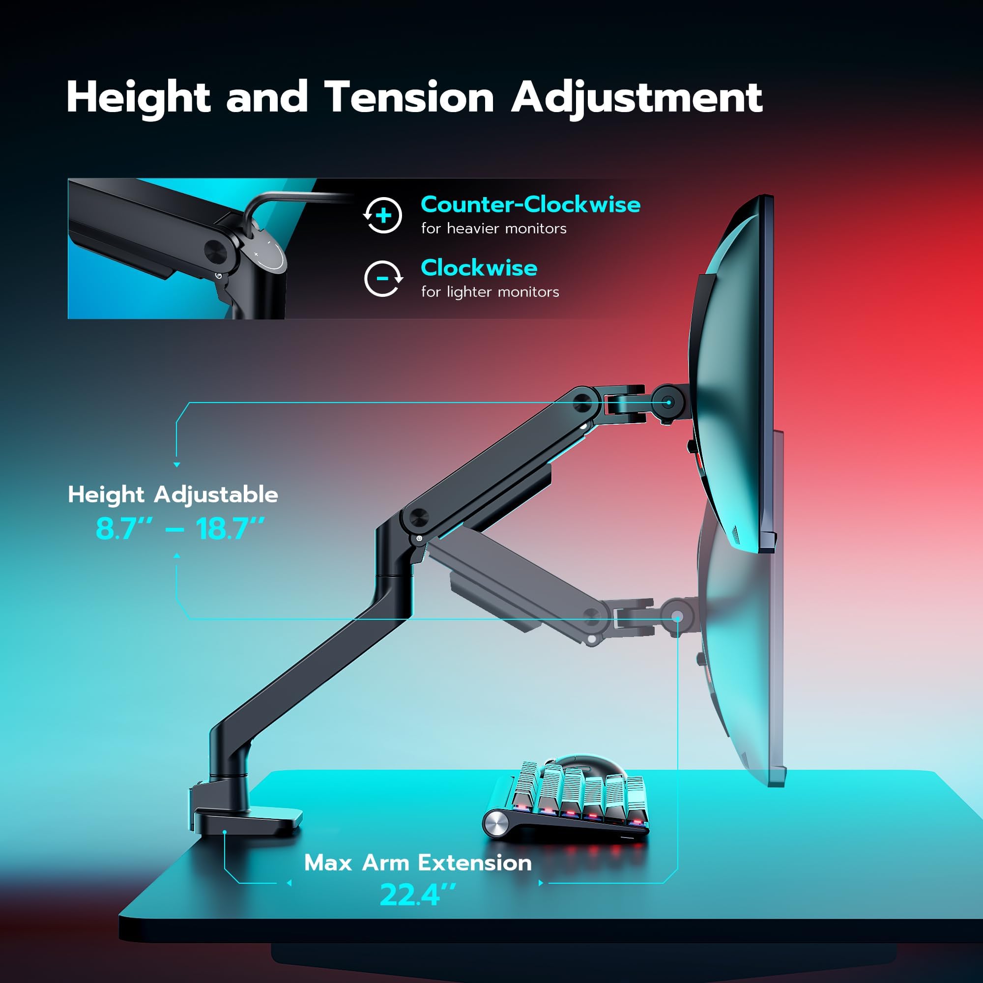 Ares Wing Ultrawide Monitor Arm For 17 To 49 Inch Heavy Duty Curved Monitor, Holds 44 Lbs, Adjustable Gas Spring Monitor Arm Des