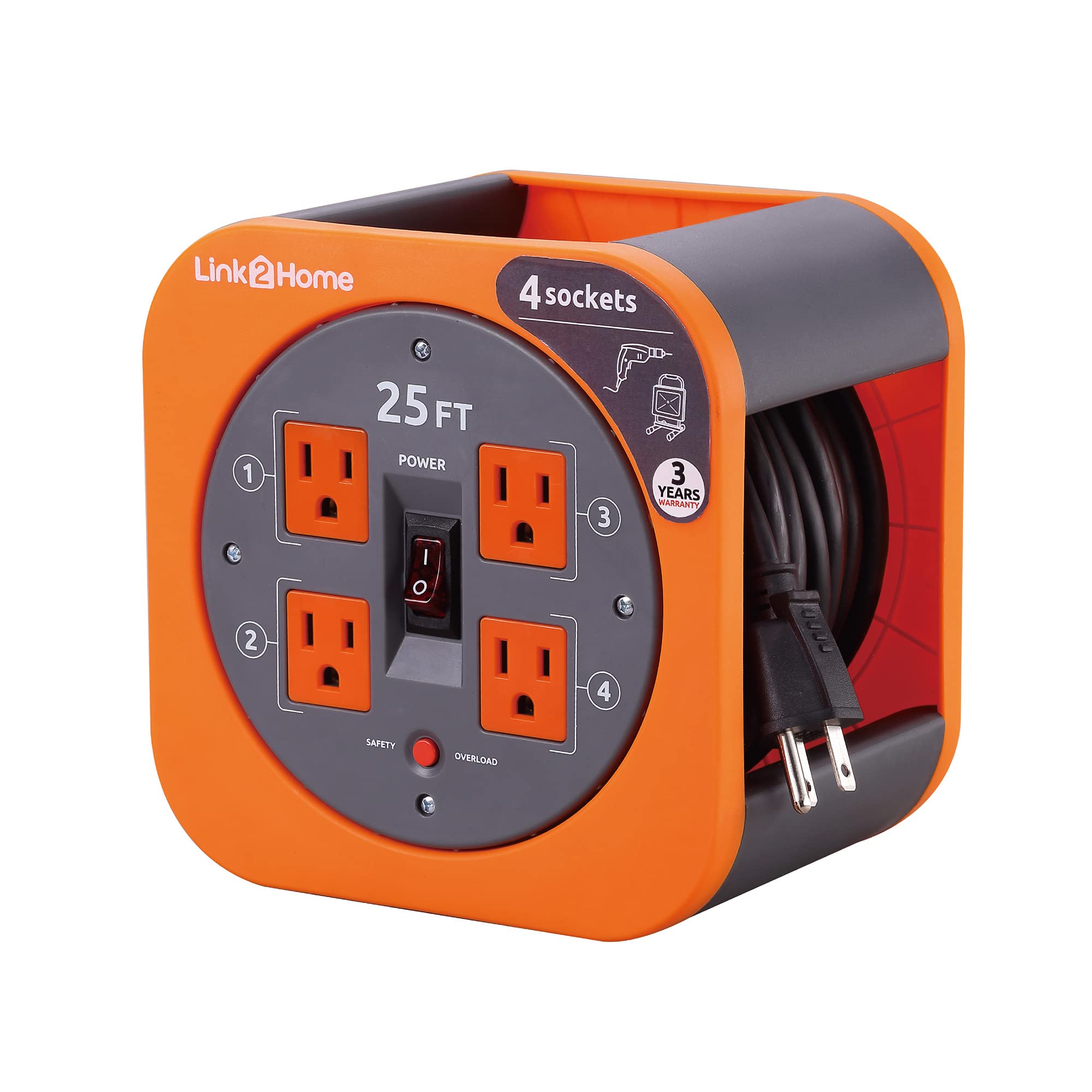 Link2Home Cord Reel 25 Ft. Extension Cord 4 Power Outlets   16 Awg Sjt Cable.