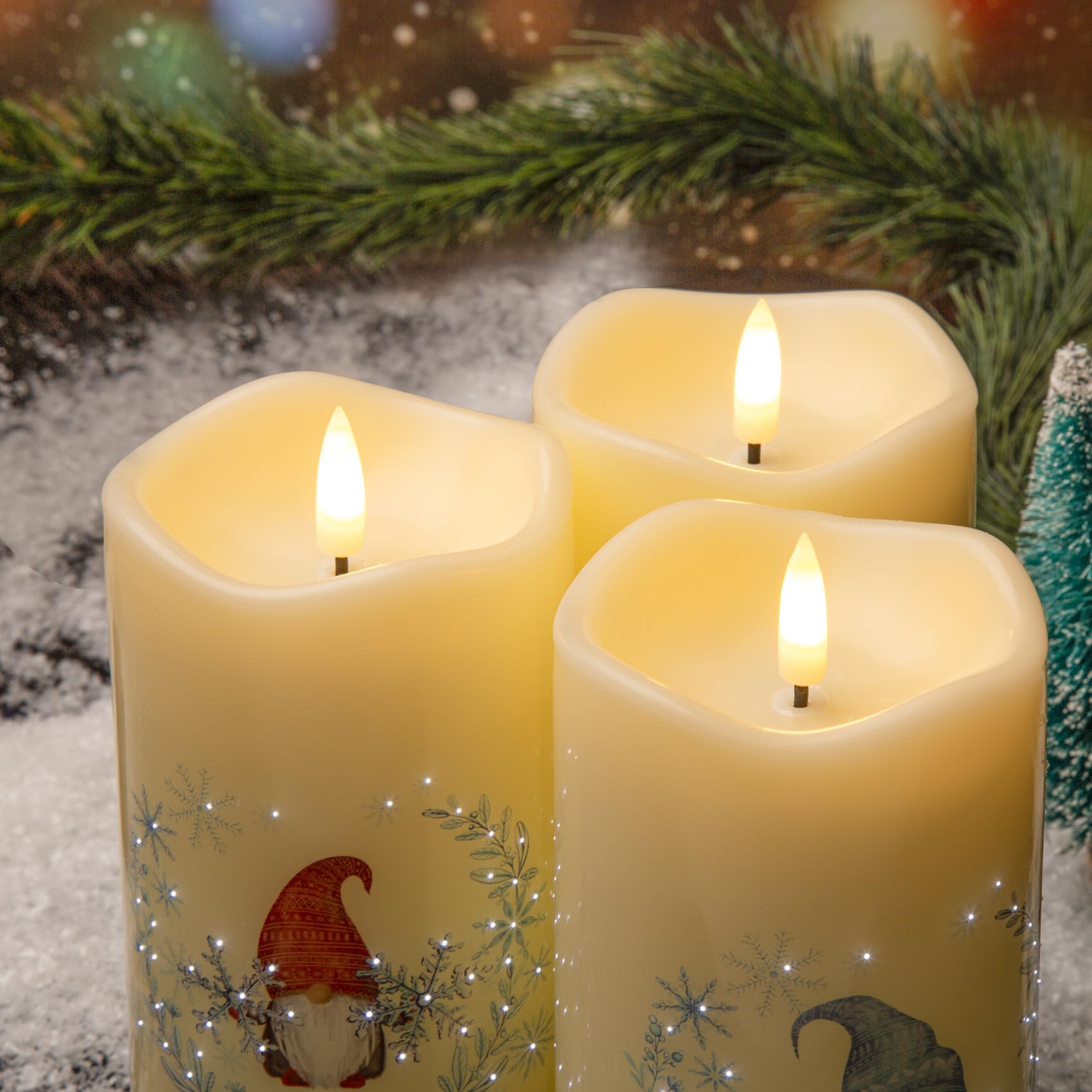 Eywamage Fiber Optic Christmas Flameless Pillar Candles With Remote, Snowflakes Gnomes Flickering Led Battery Candles Set Of 3