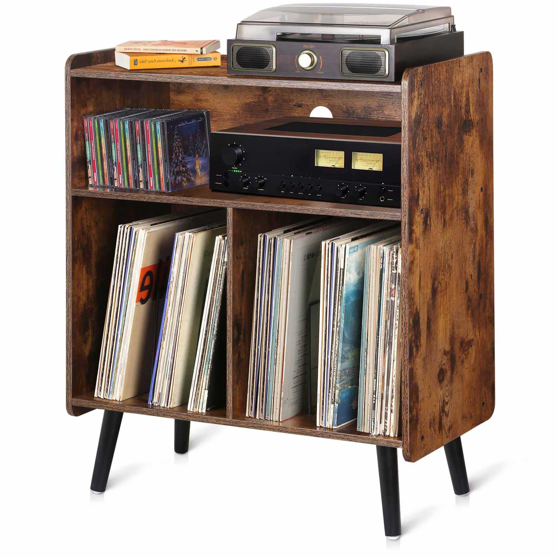 Possile 3 Tier Vintage Record Player Stand, Mid Century Vinyl Record Storage Cabinet Table Holds Up To 100 Albums, Large Wood Tu