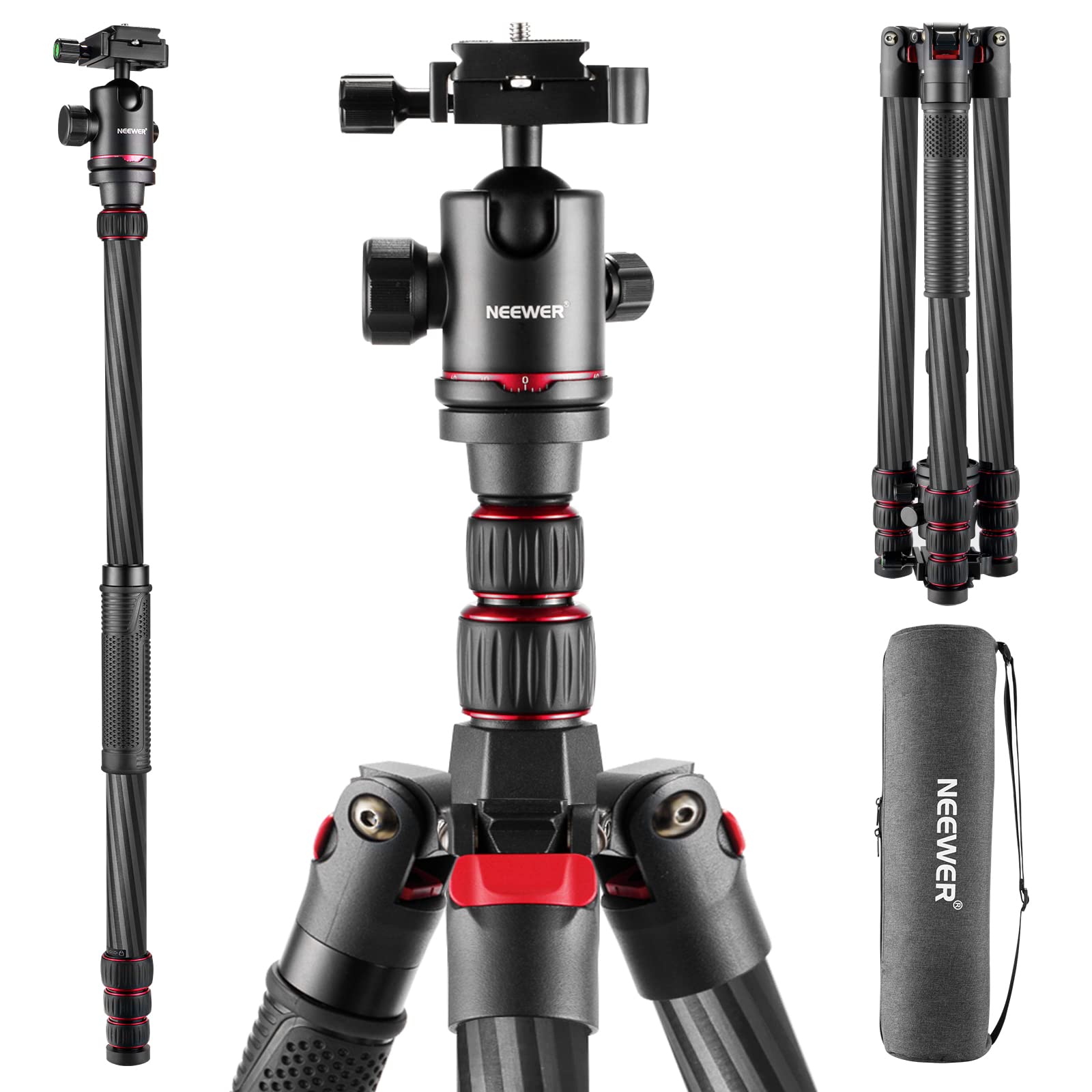 Neewer Upgraded 80.7'' Carbon Fiber Camera Tripod Monopod With Telescopic 2 Section Center Axes, 360 Panorama Ballhead, 1/4'' Ar
