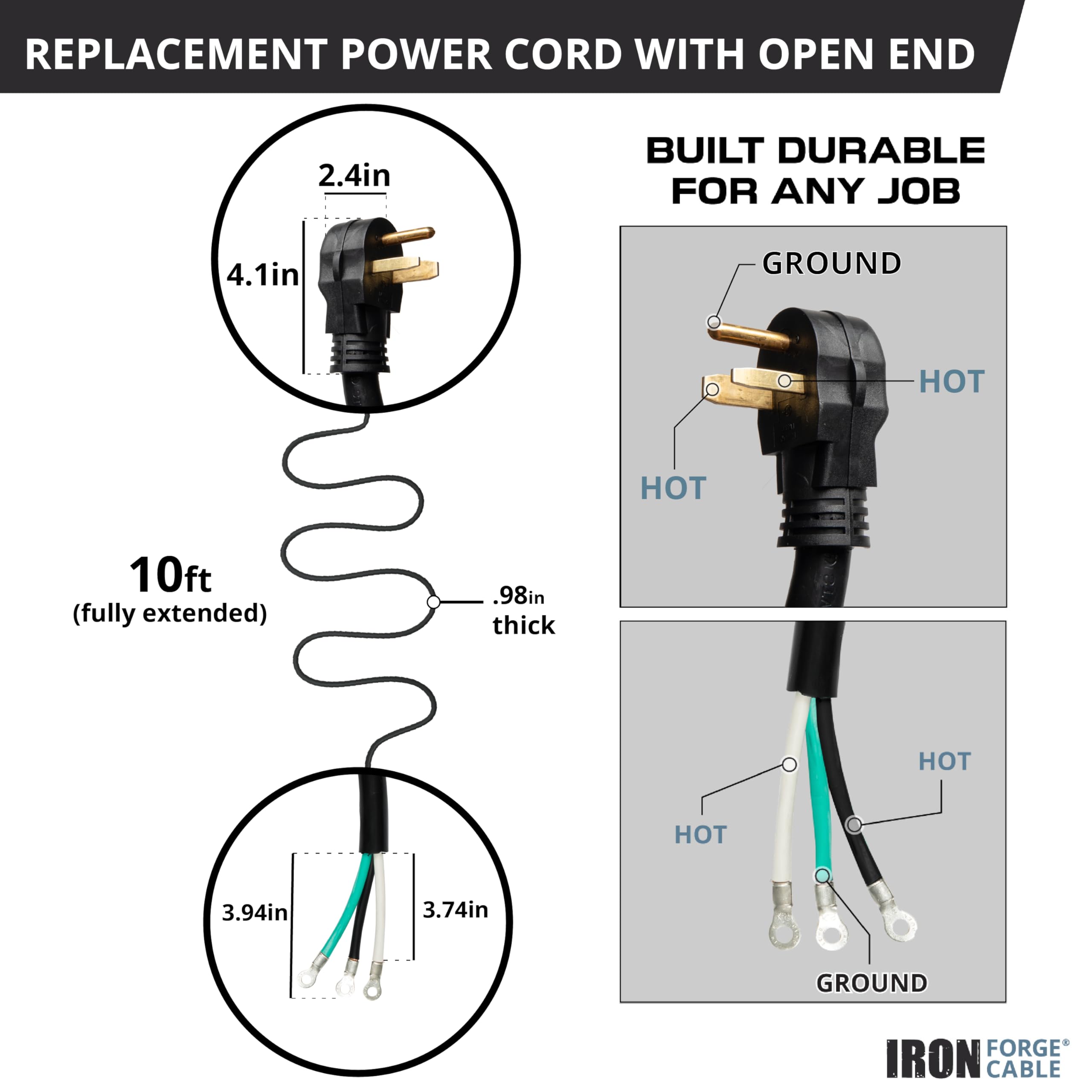 Iron Forge Cable Nema Ev Extension Cord 10 Ft With Open End, 50 Amp Power Cord With Eyelet 3 Wire 6/3 Gauge Replacement Cable, N