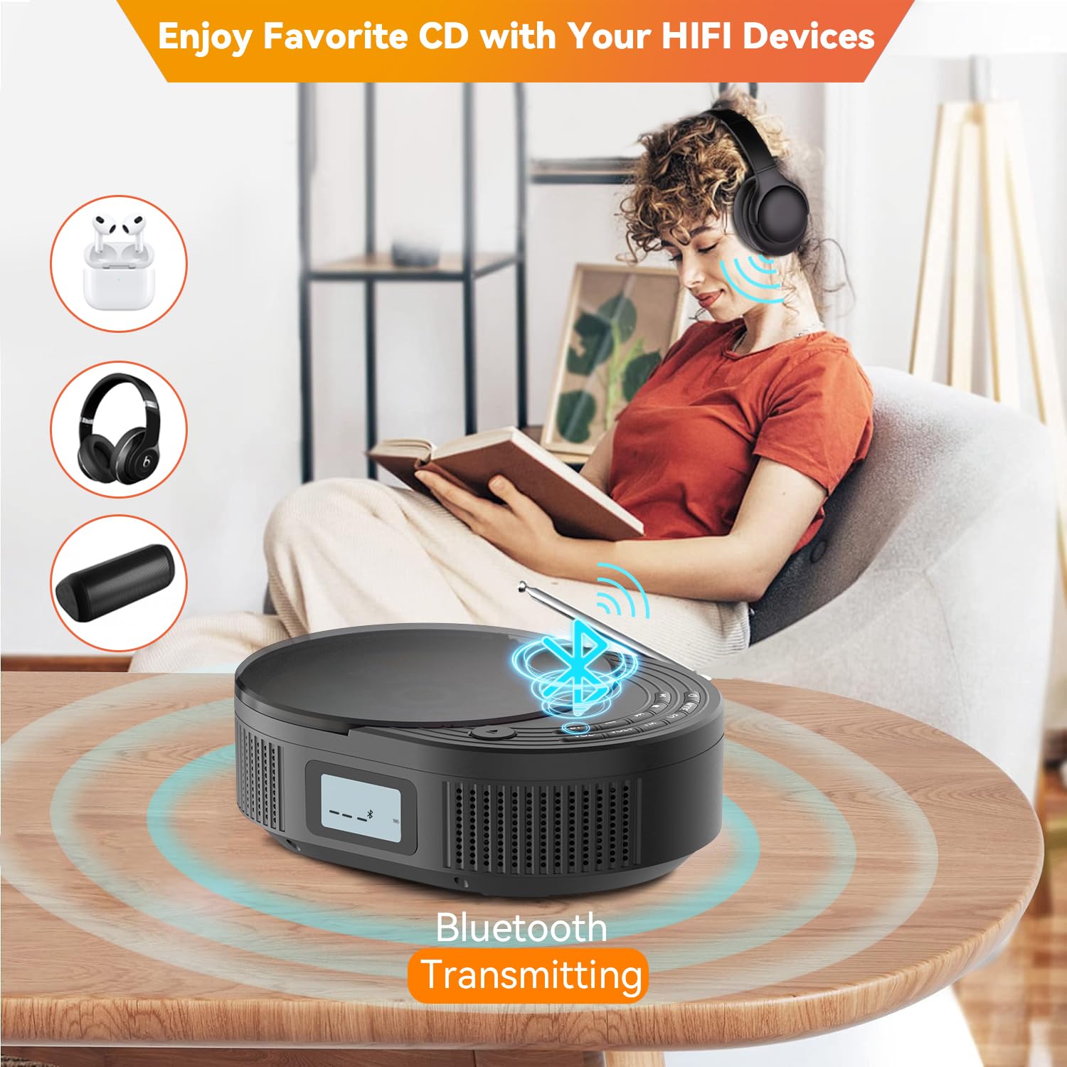 Monodeal Boombox Cd Player With Bluetooth Transmitter, Fm Radio & Bluetooth Speaker 2 In 1 Combo, Portable For Car/Home With Remote Control, Headphone Jack, Support Aux/Usb