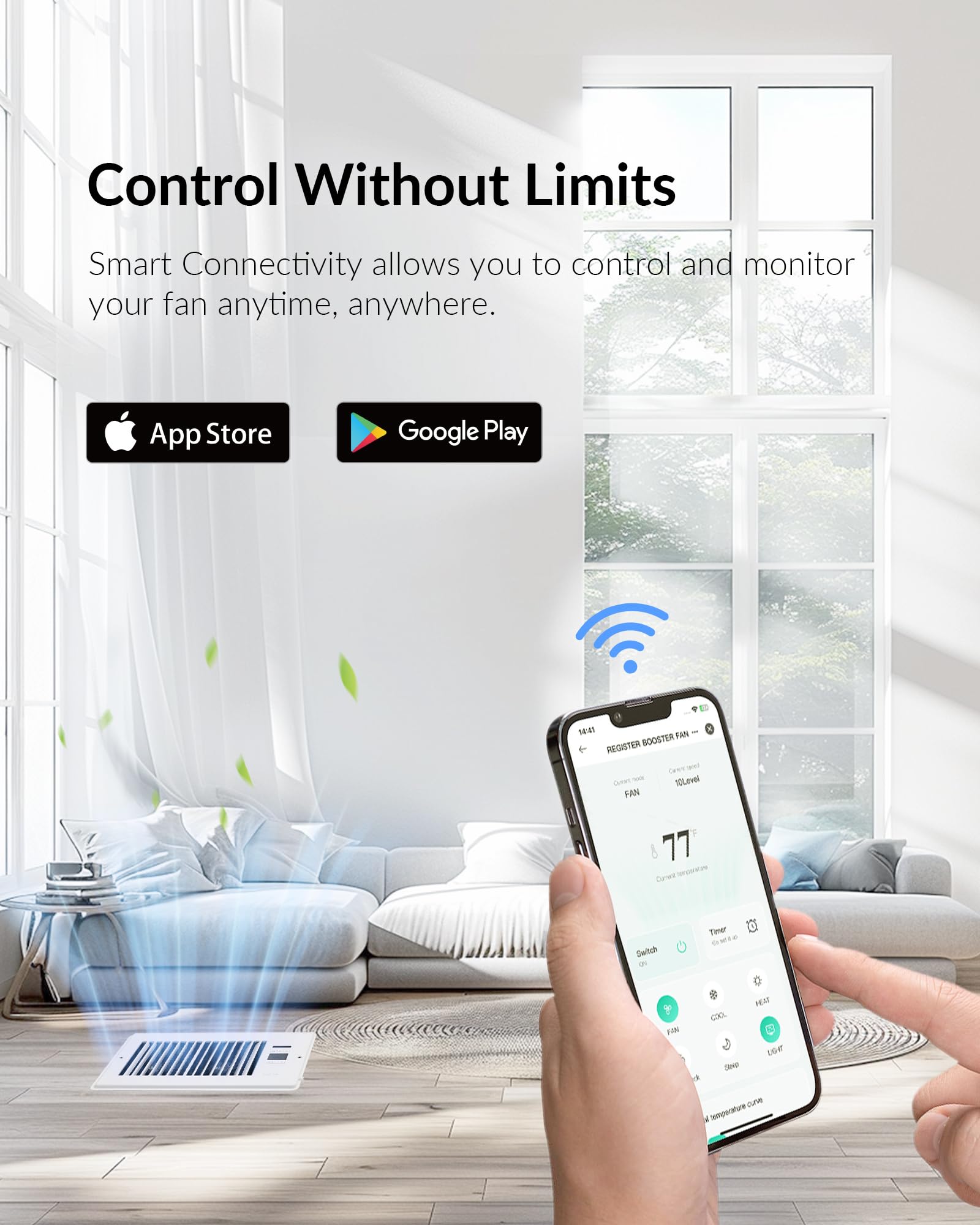 Super Quiet Register Booster Fan For 6 '' X 10 '' Register Holes, Smart Register Vent With Dual Intelligent Thermostat And Wifi
