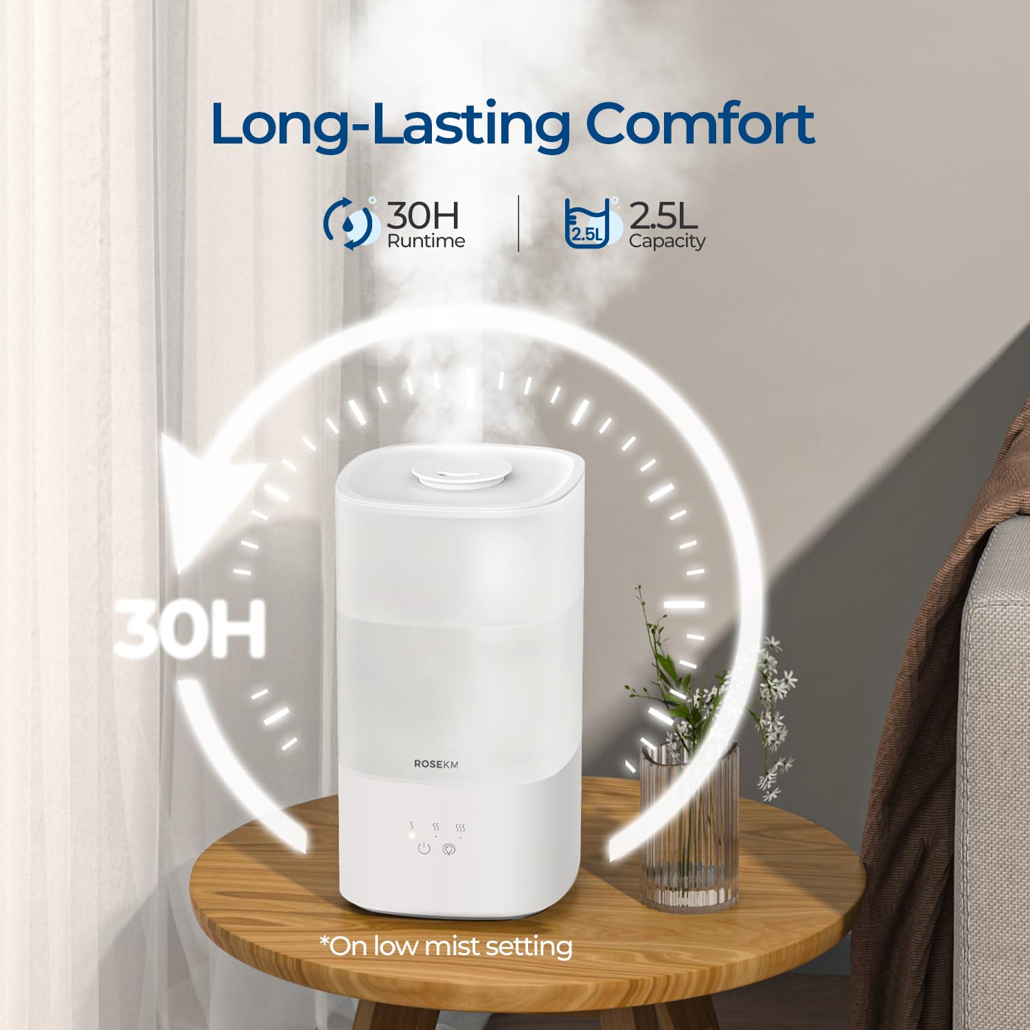 Rosekm Humidifiers For Bedroom, Top Fill 2.5L Cool Mist Humidifiers For Large Room, Easy To Fill & Clean, 30H Runtime, 28Db Quie
