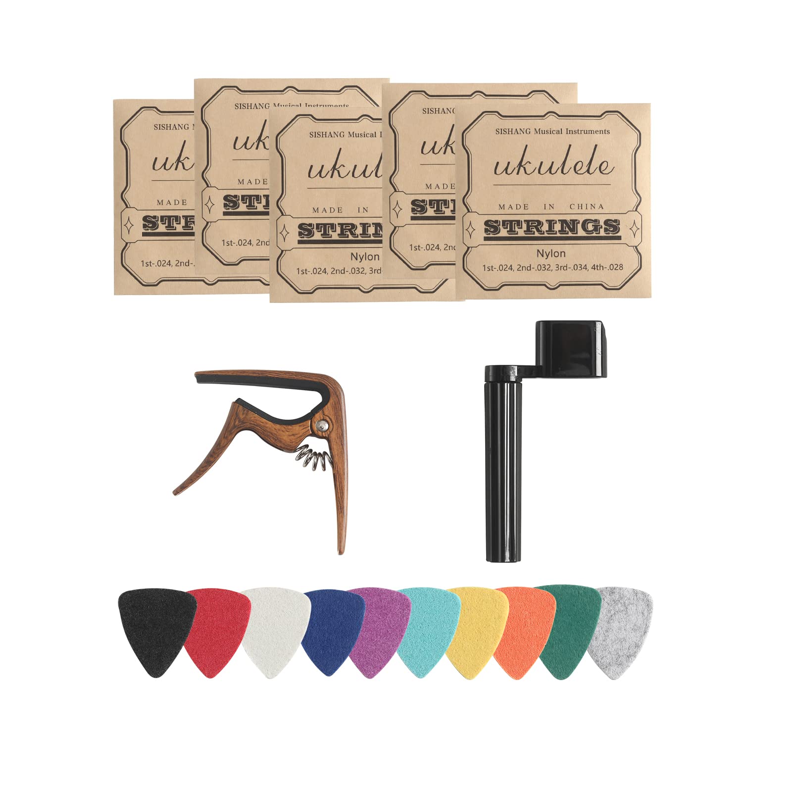 Donux Nylon Ukulele Strings Kit,Include 5 Sets Strings,10 Pieces Ukelele Felt Picks,Capo And String Winder For Soprano Concert A