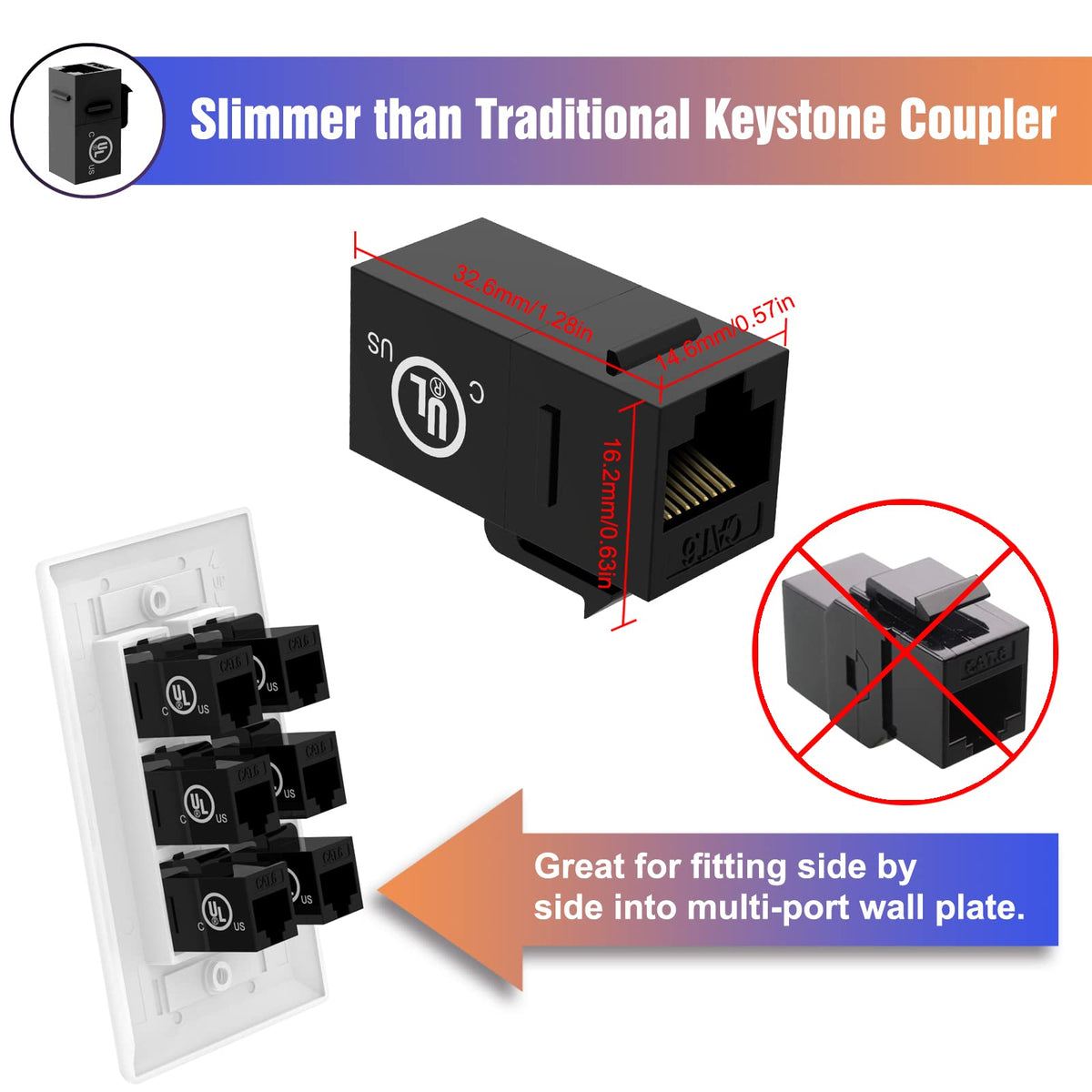 VCE CAT6 RJ45 Keystone Couplers (UL Listed), 25-Pack Ethernet Keystone ...