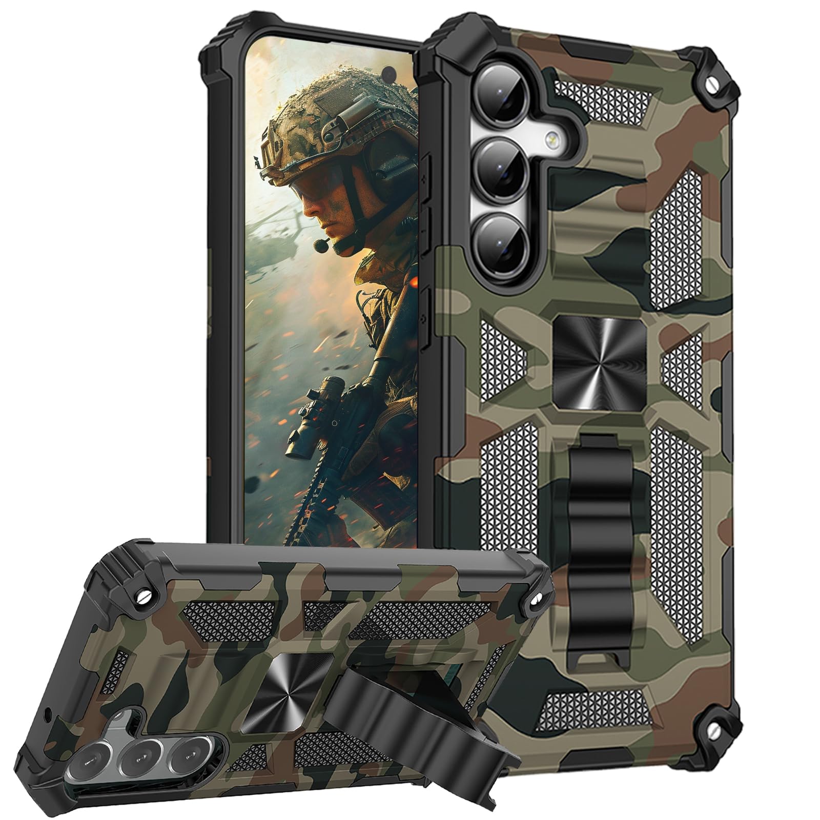 CCSmall for Samsung Galaxy S25 FE Camo Case, Military Grade Shockproof Rugged Protective Men Phone Cover Case with Foldable Kick