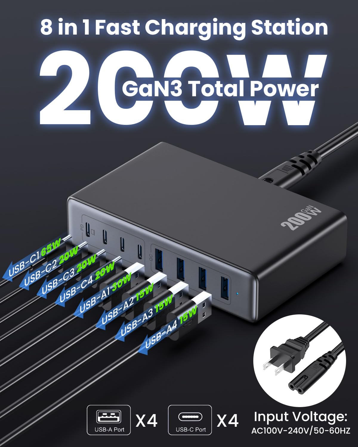 200W Usb C Charger Block,Gan Iii Usb Charging Station 8 Ports,Qc4.0 Fast Charging Station Hub+Pd 65W Usb C Laptop Charger Adapte