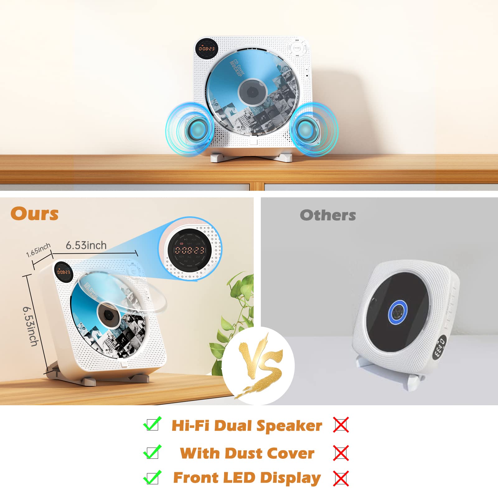 Cd Player Portable, Bluetooth Cd Player With Speakers Wall Cd Player For Home Rechargeable With Remote Control Fm Radio Digital