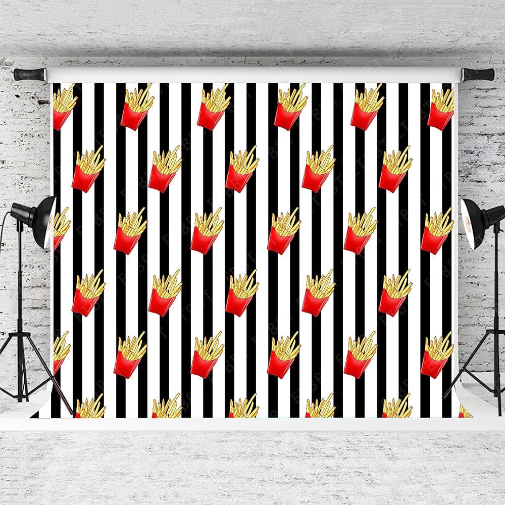 Emdspr French Fries Backdrop, 5X3Ft Vinyl, Funny Fried Junk Food Snack Picnic Party Photography Background Black And White Strip