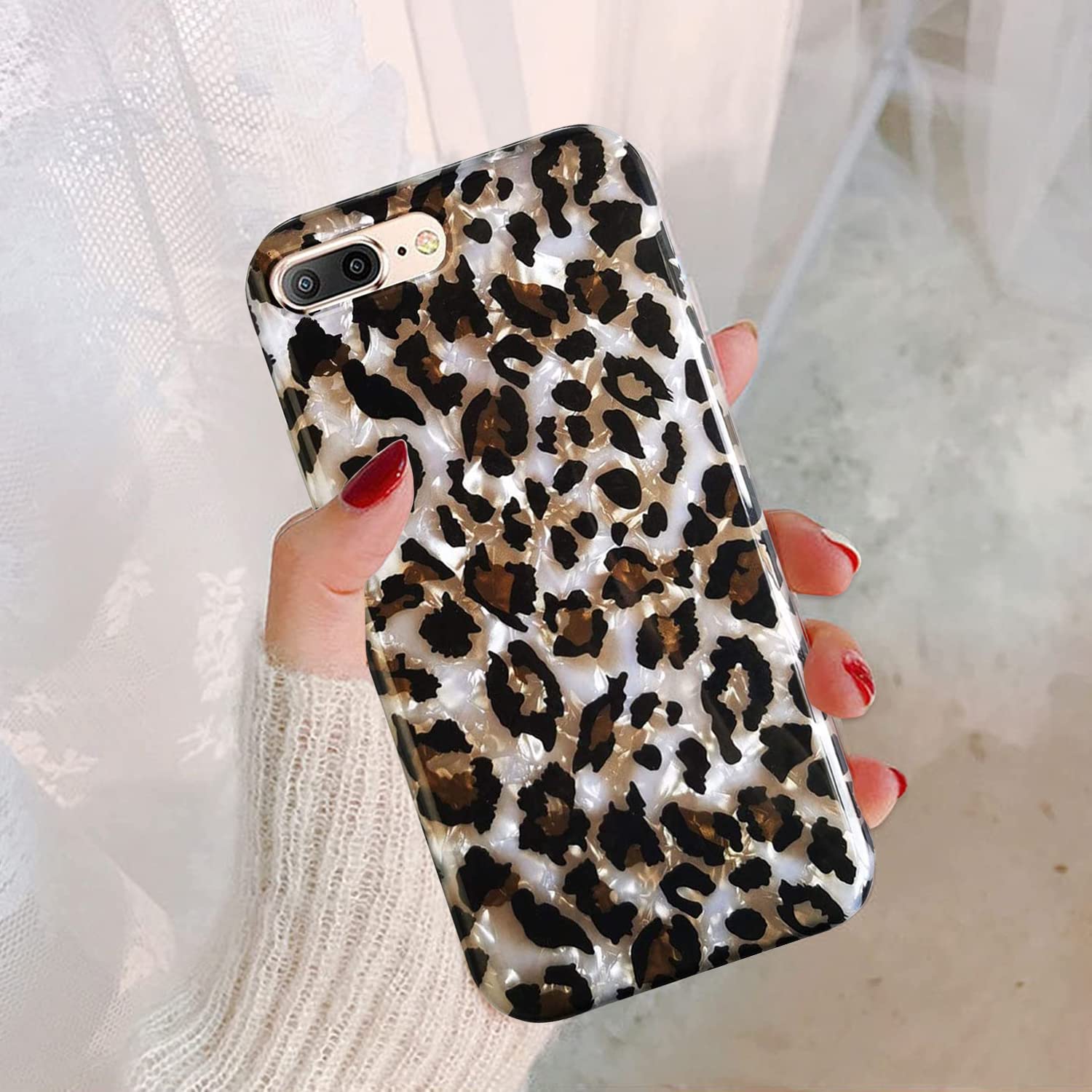 J.West Iphone 8 Plus/Iphone 7 Plus 5.5 Inch Case, Luxury Sparkle Translucent Clear Leopard Cheetah Print Pearly Design Soft Sili