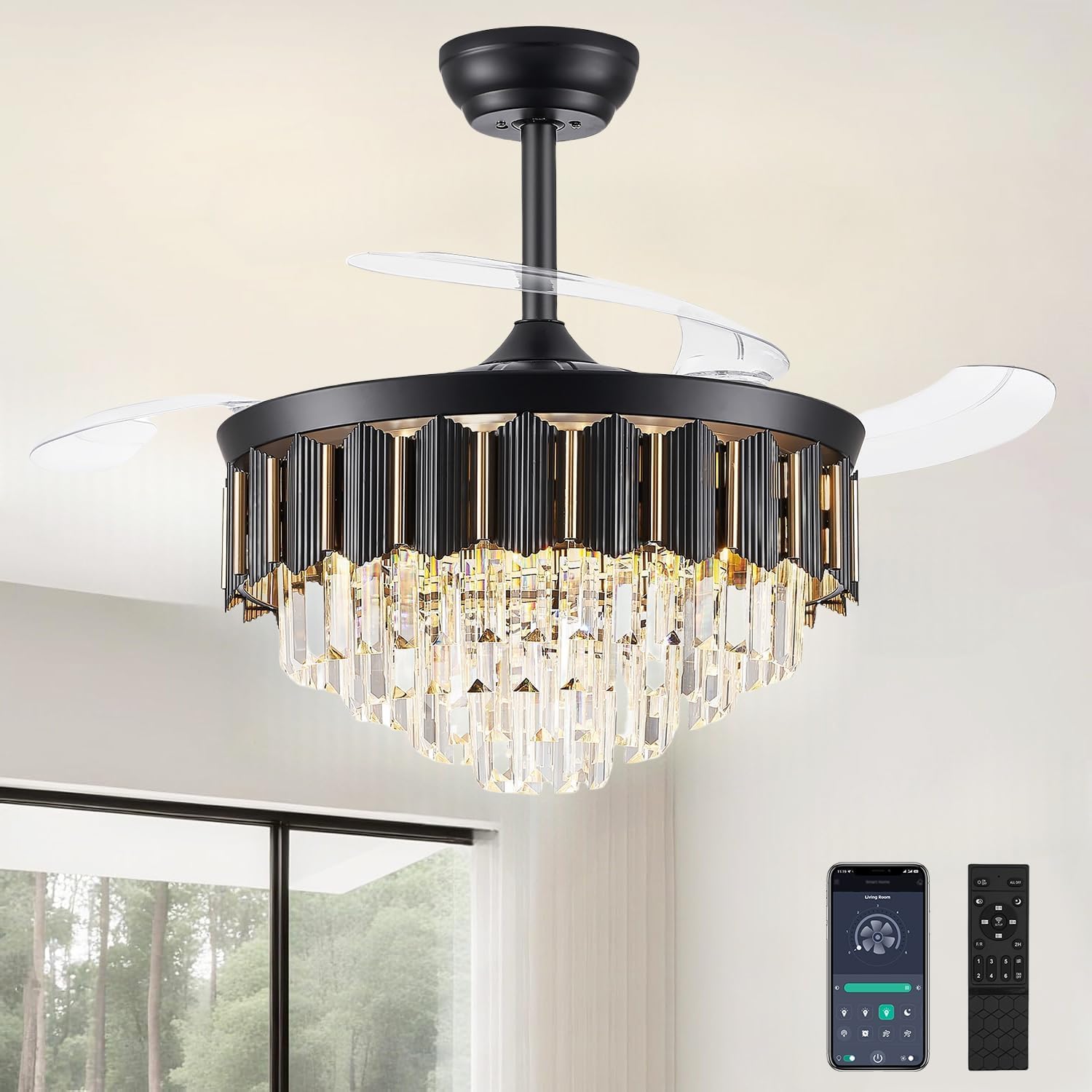 liangeight 48 Inch Fandelier Ceiling Fan with Light, Chandelier Ceiling Fan for Bedroom Living Room, LED Dimmable, 6-Speed Rever