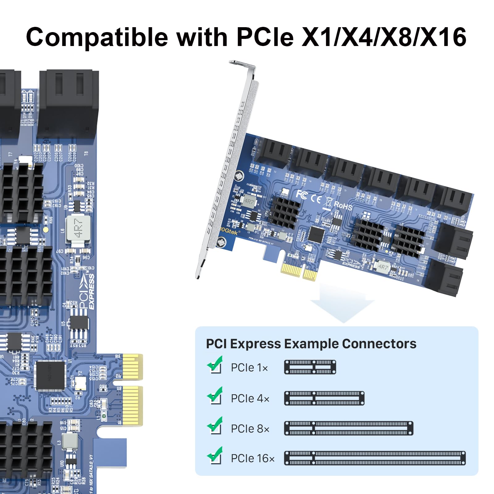 16 Port Pcie Sata Card, Sata3.0 Expansion Card, X1, With 16 Sata Cable, Support Ssd And Hdd