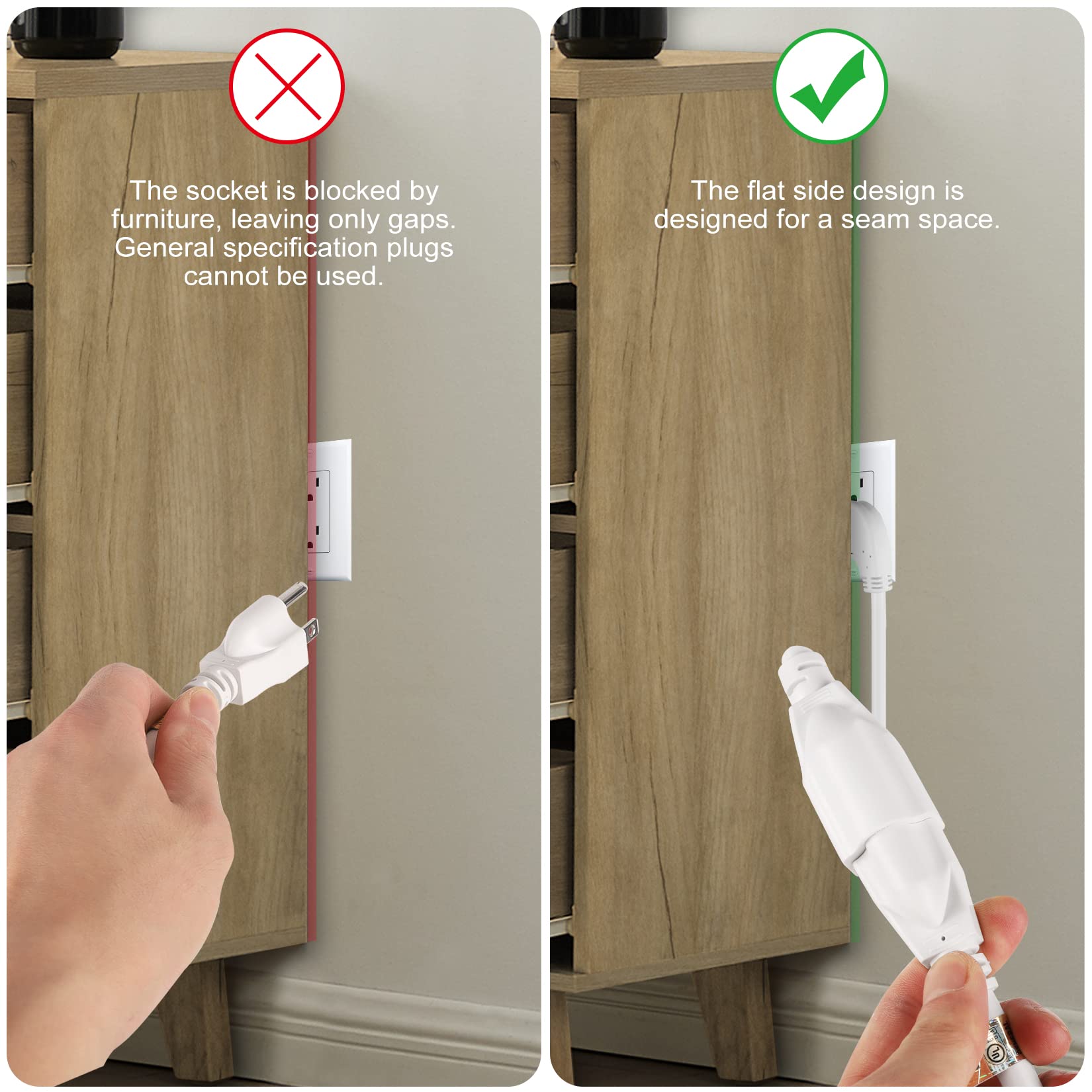 Vseer 1Feet 1875W 15A 14Awg Flat Plug Heavy Duty Extension Cord Outlet Saver 3 Prong Grounded Short Power Extension Cord White,U