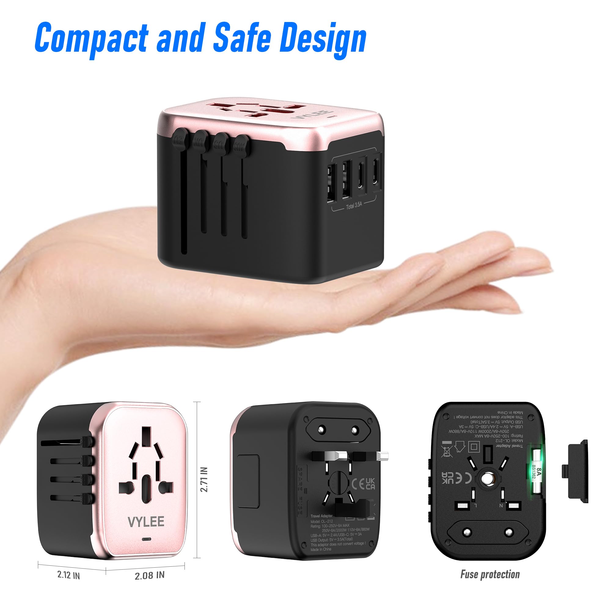 Universal International Power Travel Plug Adapter, 5 In 1 European Travel Plug Adapter W/ 3.5A 2Xusb A And 2Xusb C Wall Charger