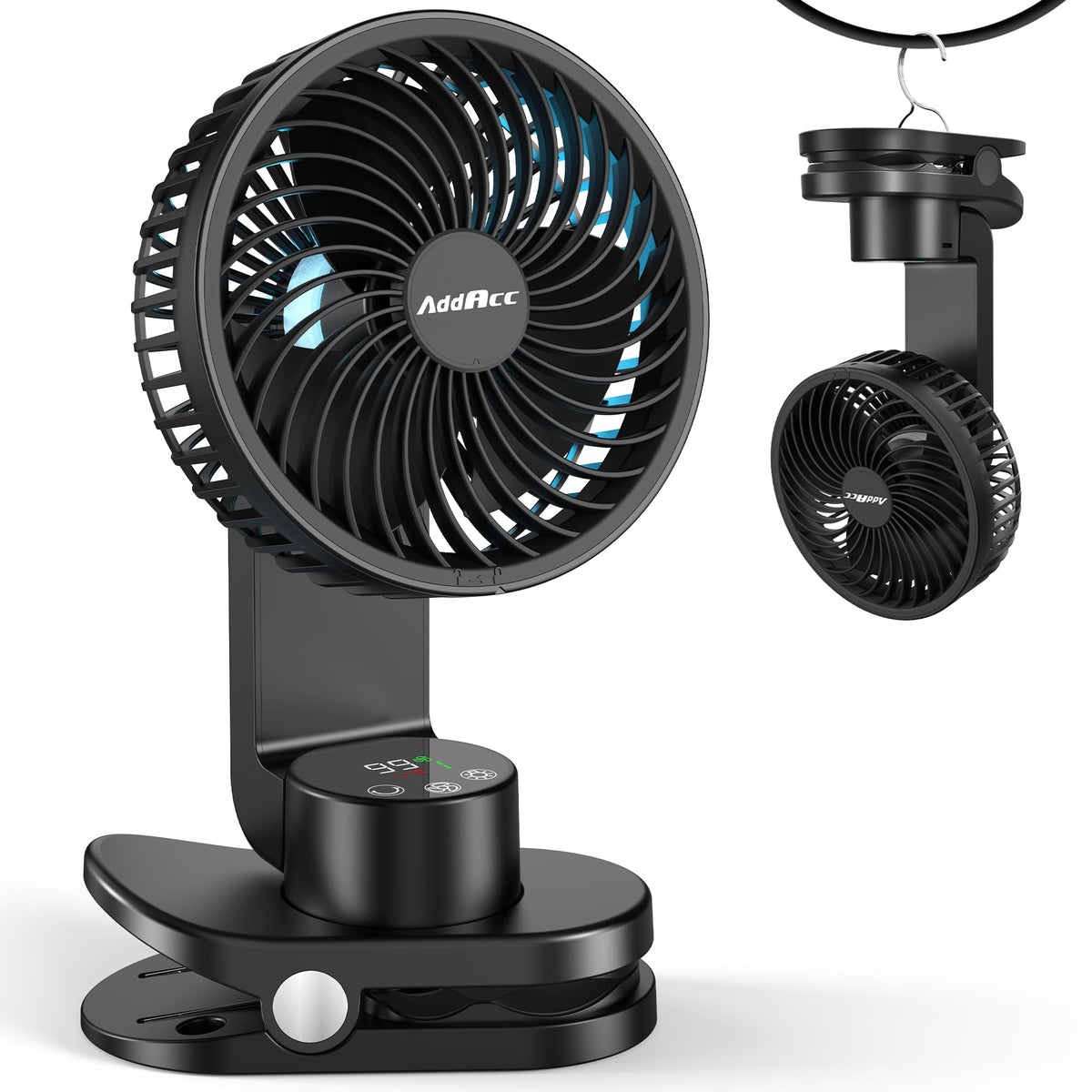 Addacc Small Desk Fan, Rechargeable Clip On Fan With Atmosphere Light & Hook, Battery Operated Table Fan, Ultra Quiet, 9 Speed A
