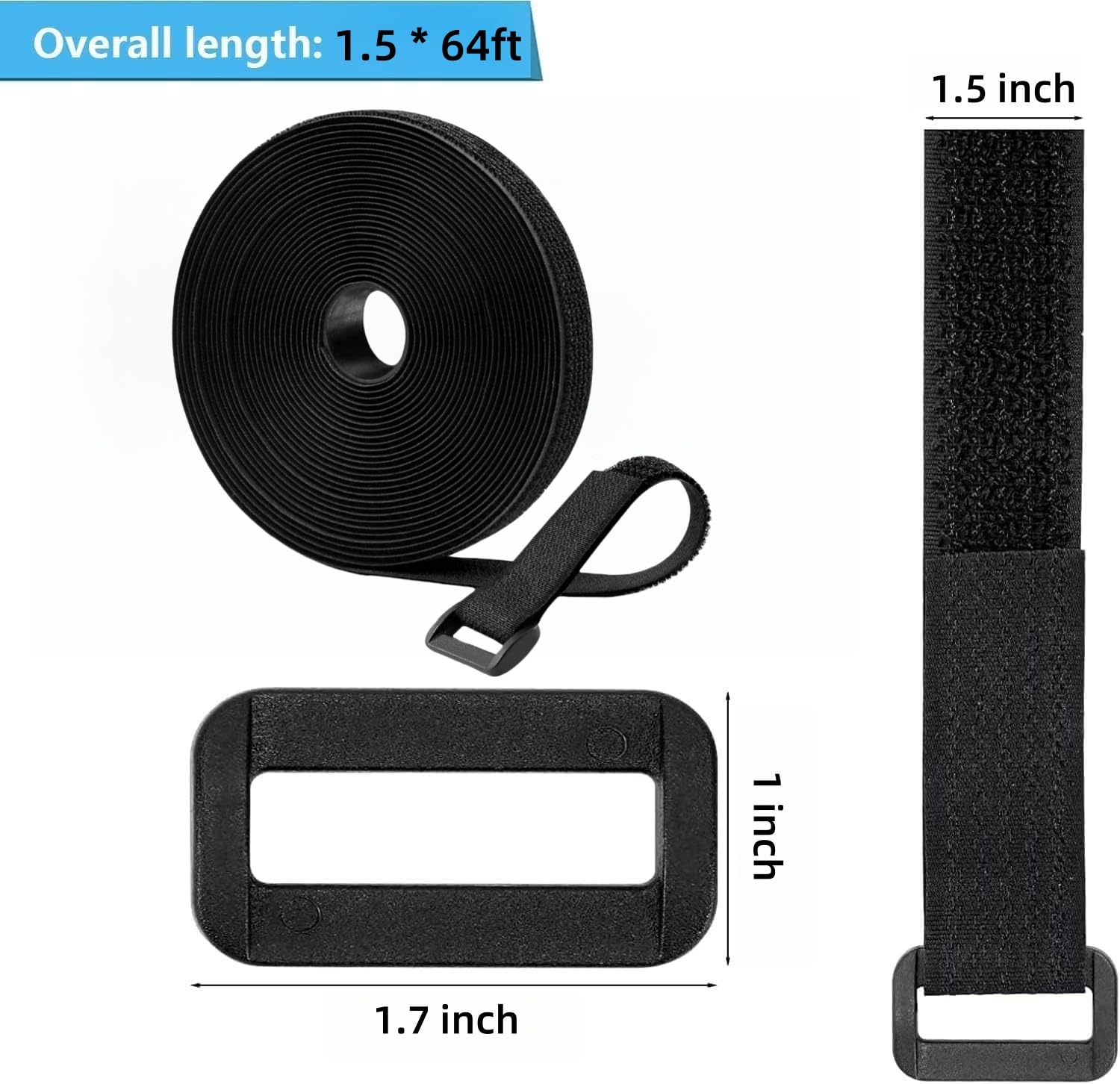 1.5 Inch Wide 64Ft Cable Straps With 50 Buckles, Heavy Duty Nylon Hook And Loop Straps For Fastening Securing, Reusable Cut To L