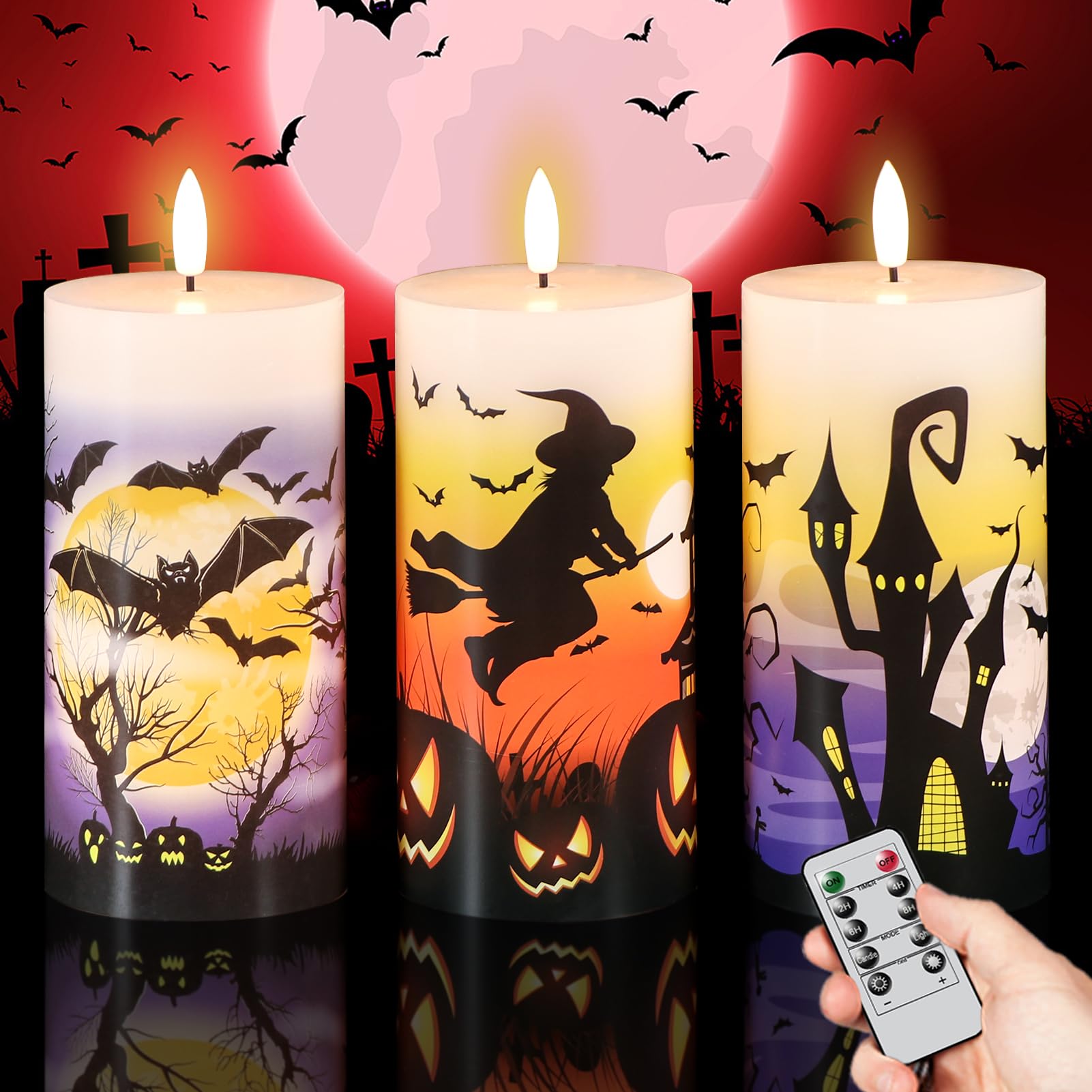 Dromance Halloween Flameless Led Candles Battery Operated With Remote And Timer, Real Wax Flickering Pillar Candles 3D Wick Dimm