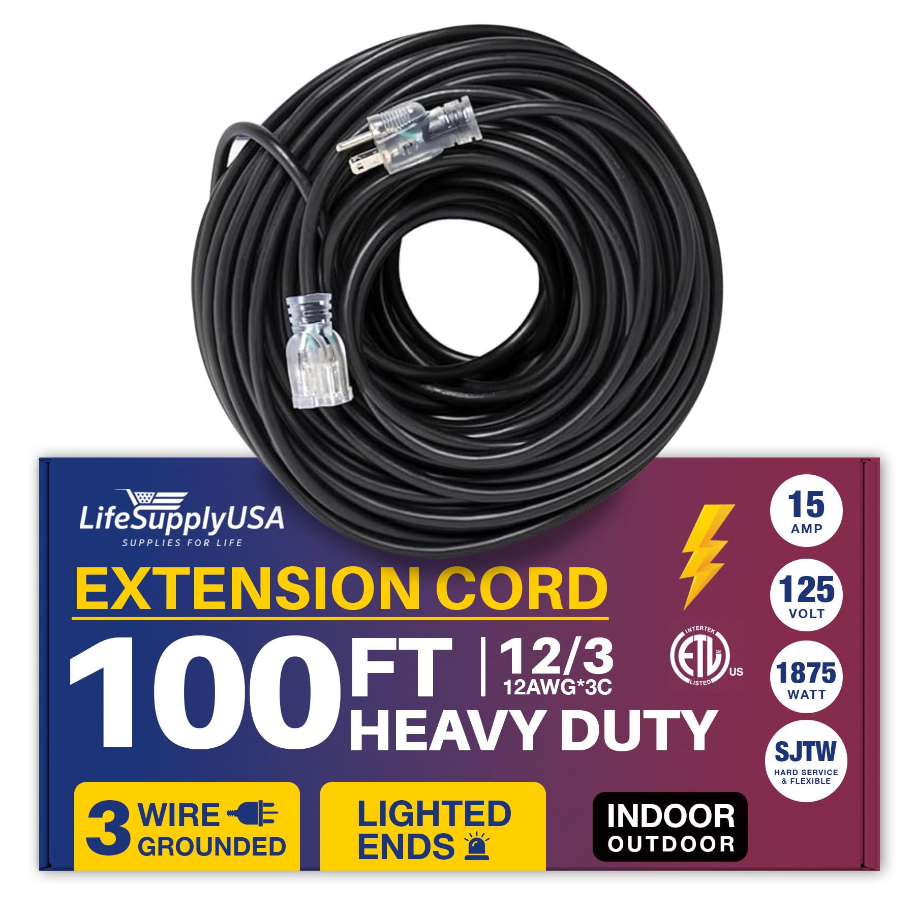100 Ft Power Extension Cord, Indoor Outdoor, Heavy Duty, 3 Prong Sjtw, 12 Gauge, Lighted End, Extra Durability, 15 Amp 125 Volts