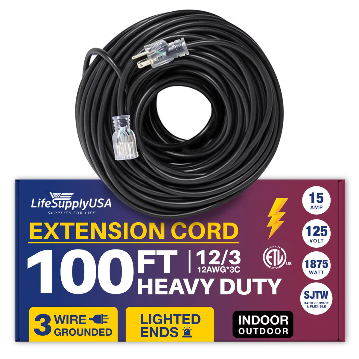 100 Ft Power Extension Cord, Indoor Outdoor, Heavy Duty, 3 Prong Sjtw, 12 Gauge, Lighted End, Extra Durability, 15 Amp 125 Volts