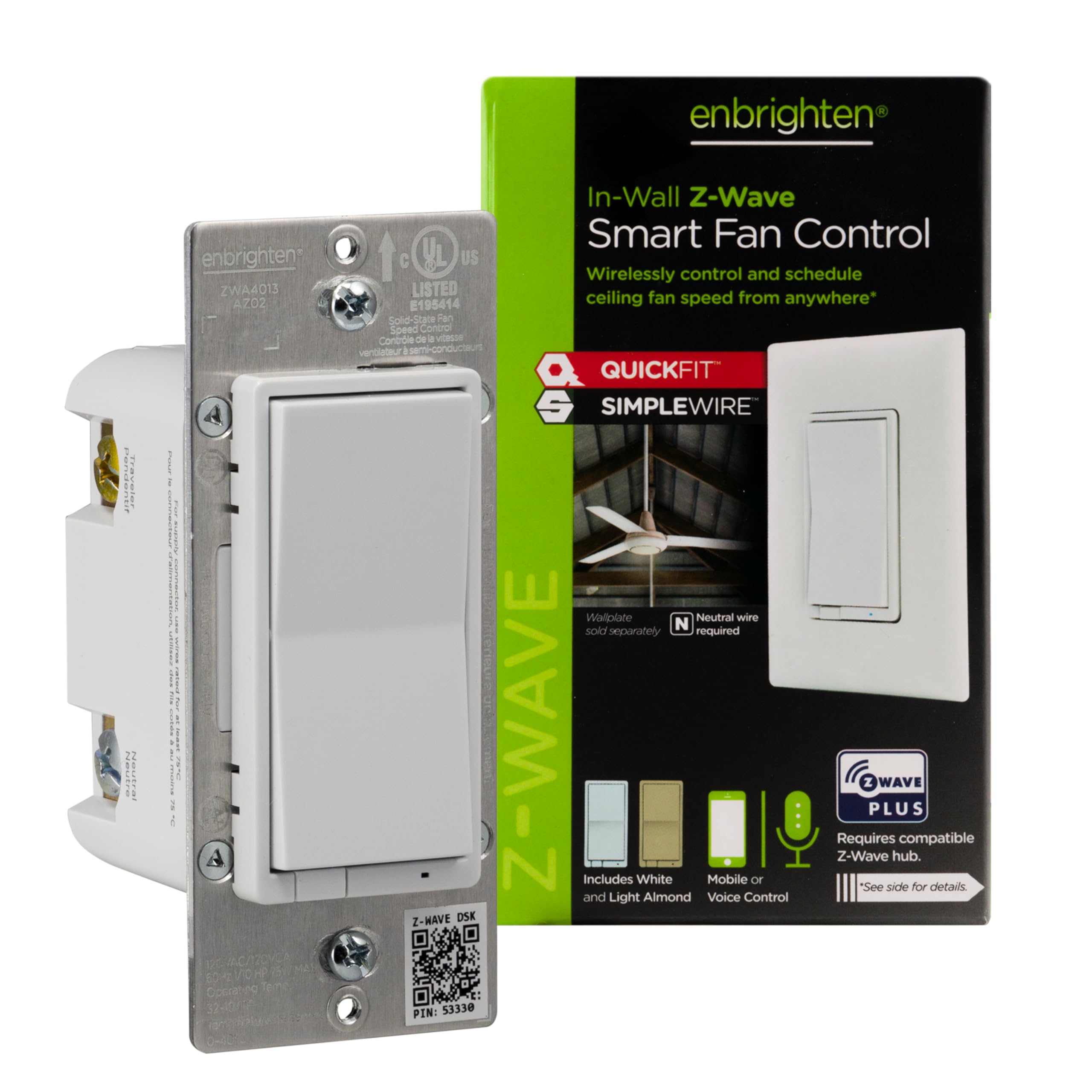 Enbrighten 58446 Z Wave Plus V2 In Wall Smart Fan Control, Paddle, 700 Series